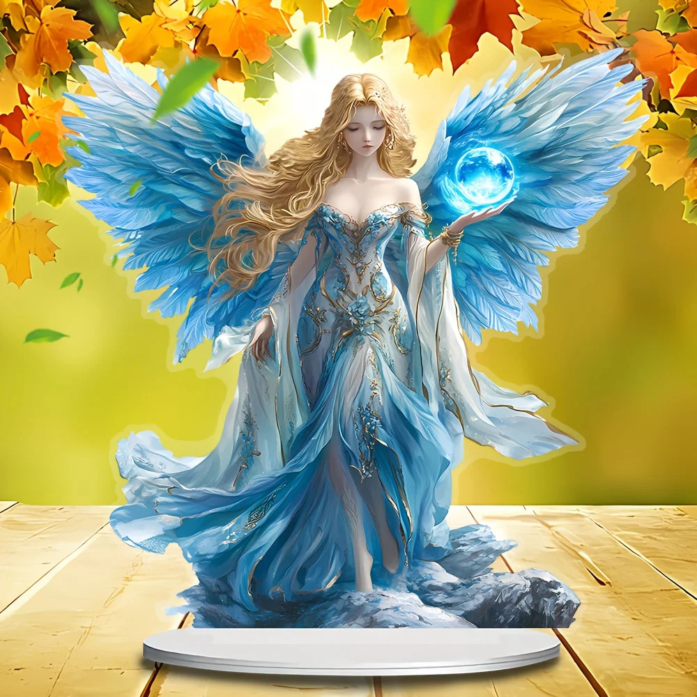 Blue Wing Guardian Angel Statue – Acrylic Desktop Decoration with Bracket