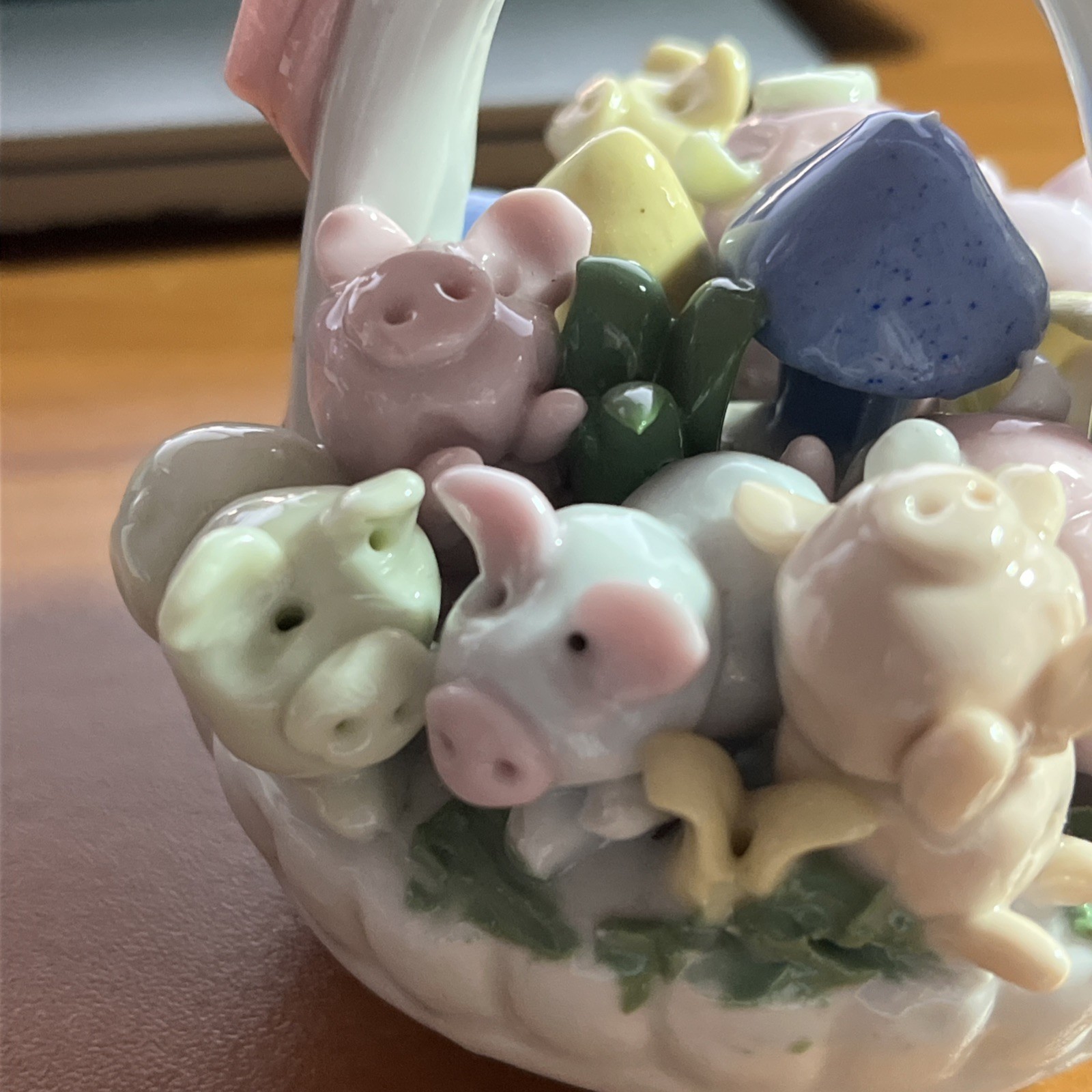 Vintage Ceramic Porcelain Whimsical Pigs & Mushrooms in a Basket