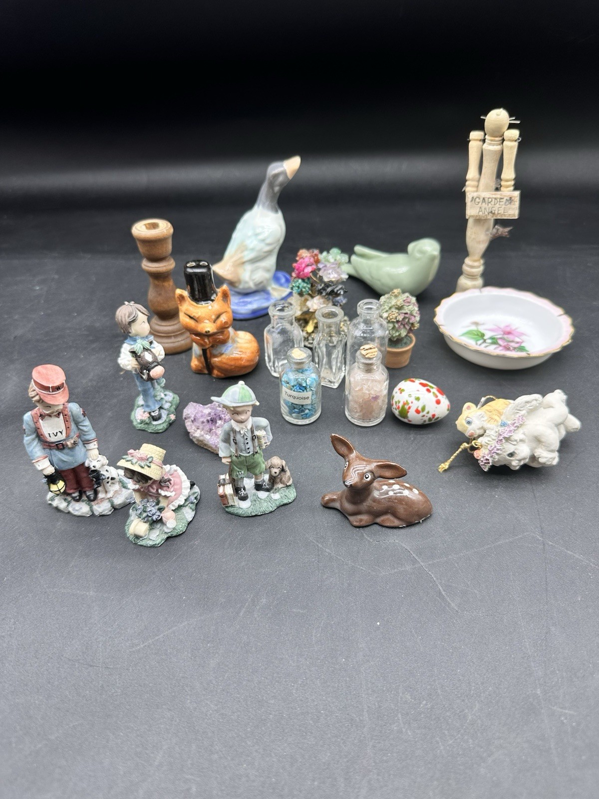 21 Vintage Trinket Shelf Miniatures Figurines Ceramic Wood Plastic Glass bottles