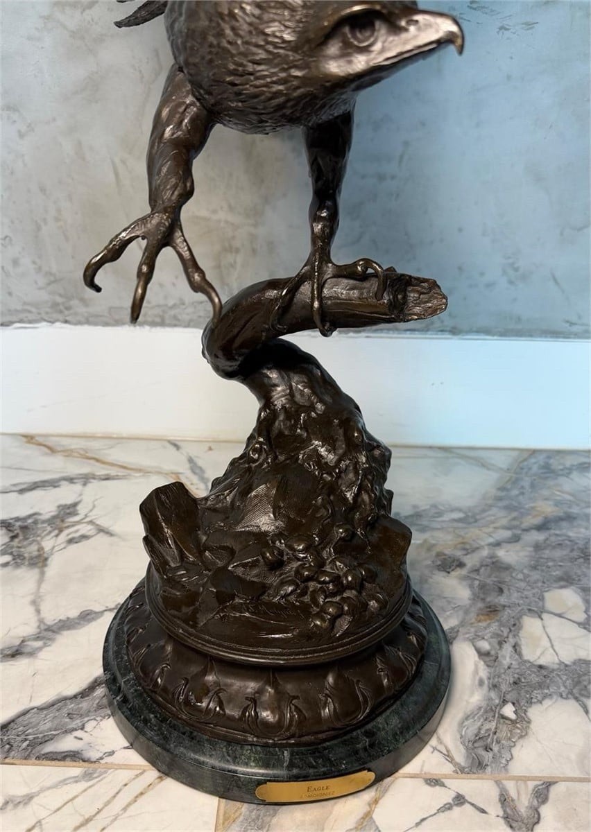 Moigniez Bronze Eagle Metal Figurine w/ Marble Base, 3D Effect, Green