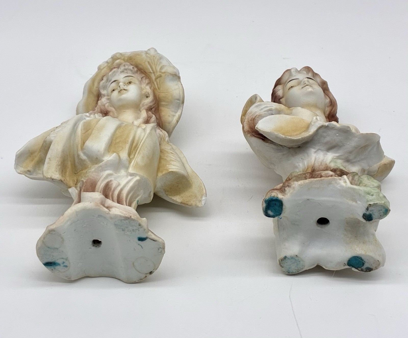 Antique 2 Small French Ceramic Busts Victorian Women Figurines Hand Painted READ
