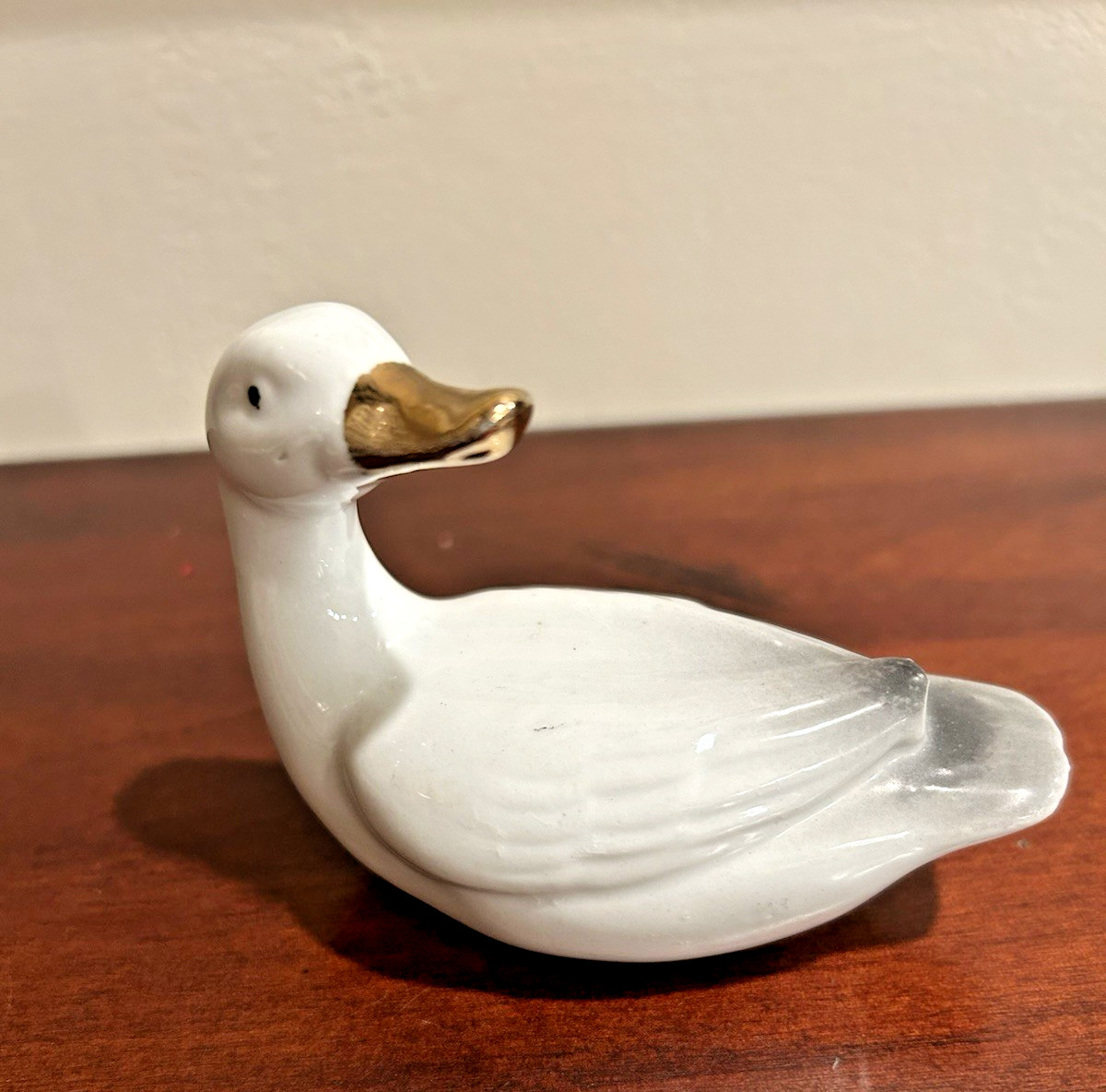 Set Of 3 Porcelain White Ducks with Gold Beaks & Black Accent Feathers-Vintage