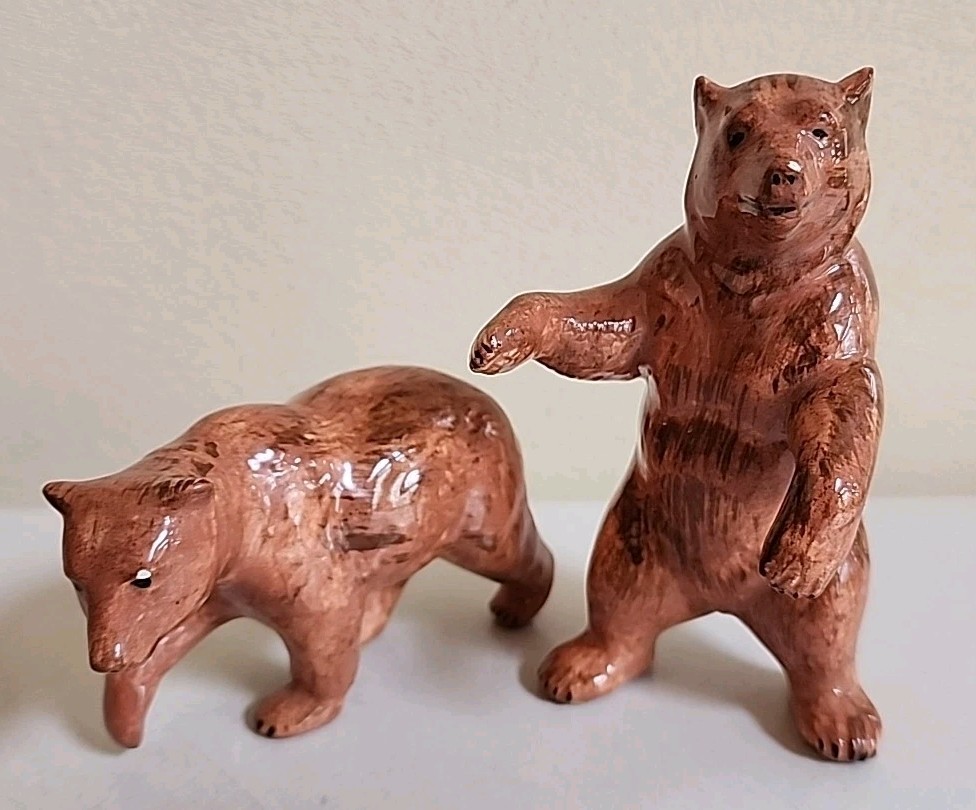 VTG Set Of Glazed Ceramic Grizzly Mountain Bear Figurines 4.5″