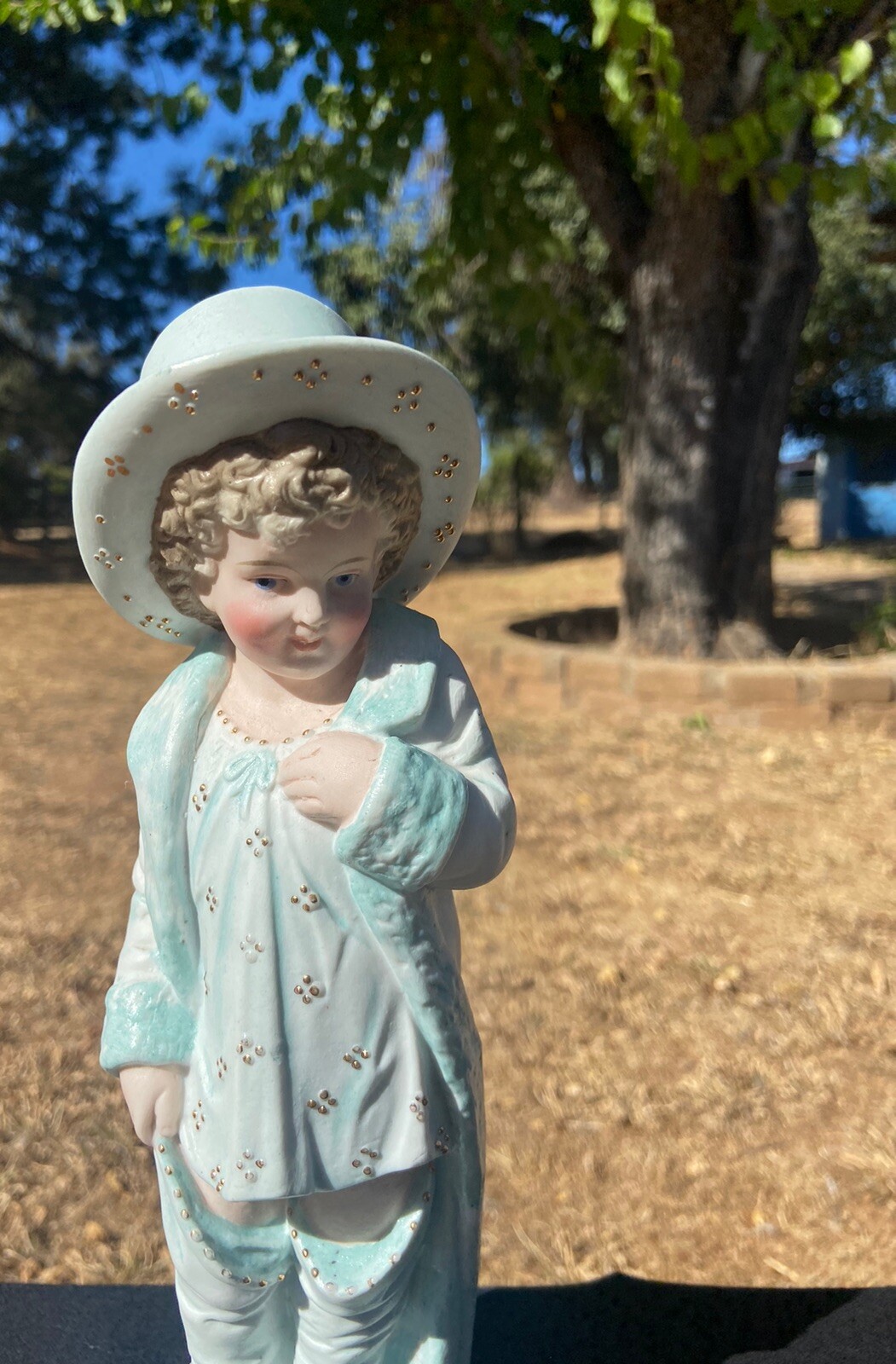 ANTIQUE GERMAN BISQUE BOY FIGURINE W/TOP HAT & FANCY CLOTHES 10.5 In