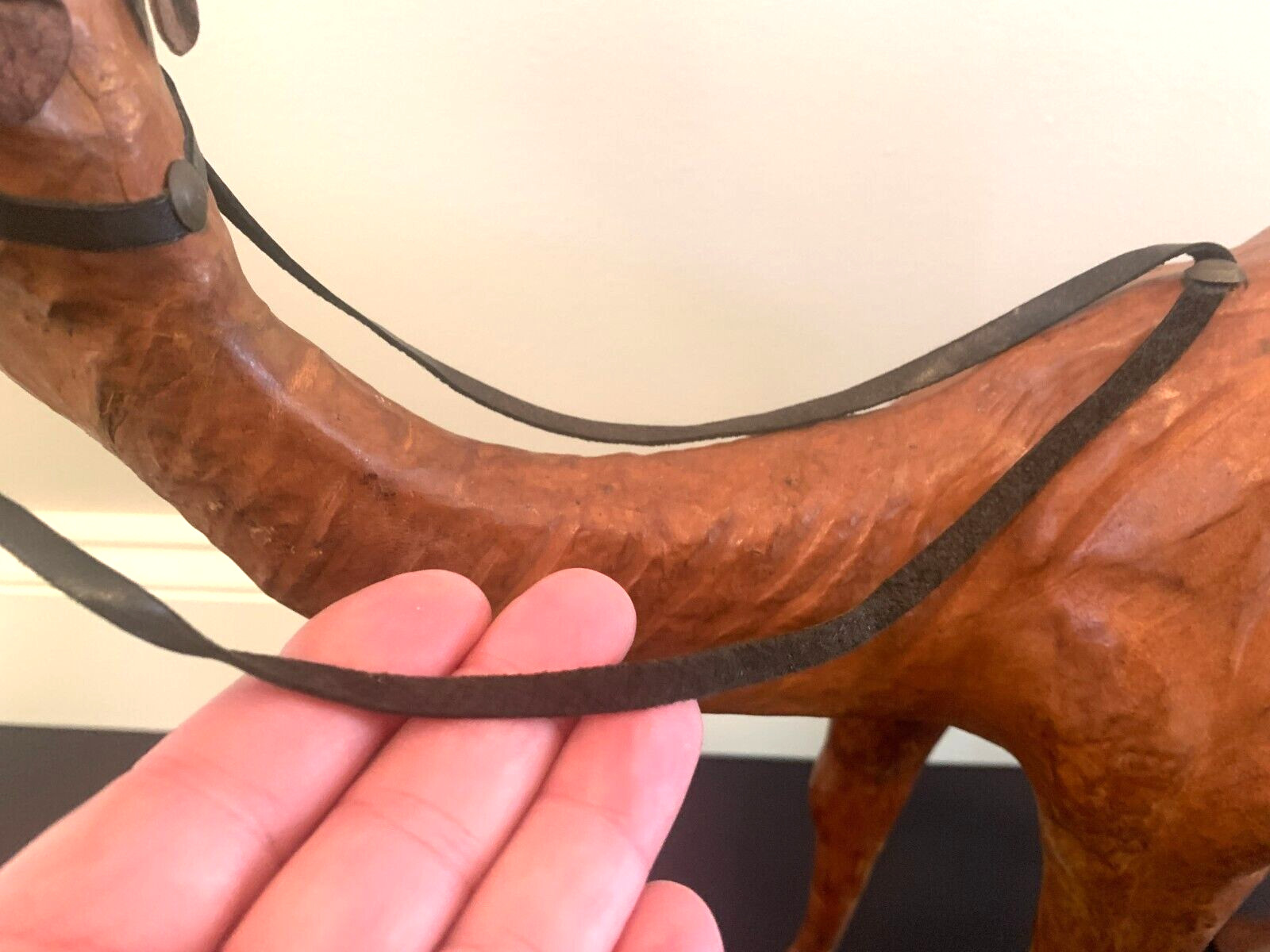 Vintage Leather Wrapped Large Camel 21′ W X 17″ Tall with glass eyes