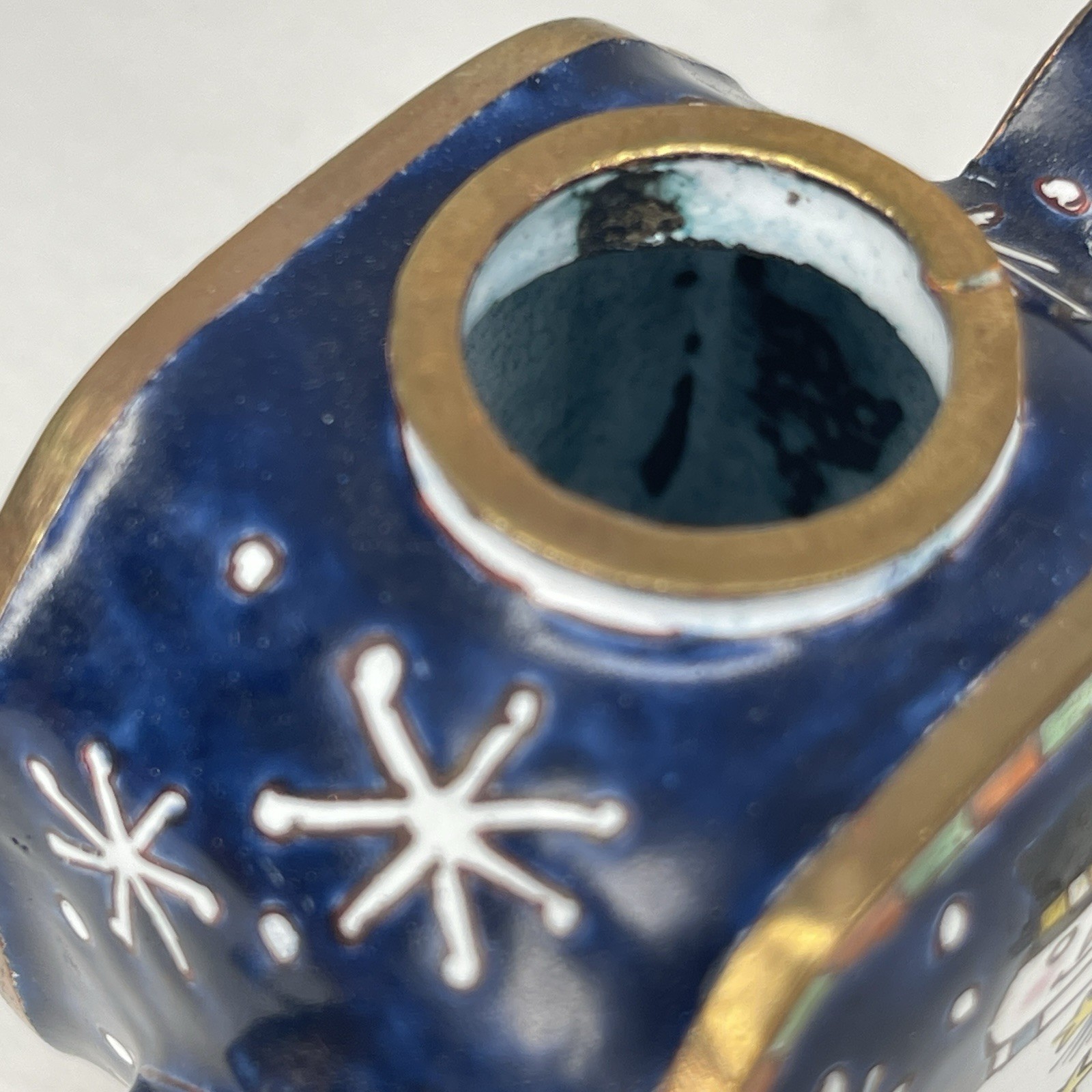 Miniature Enamel Copper Teapot Kelvin Chen Style Hand Painted Snowman Xmas VTG