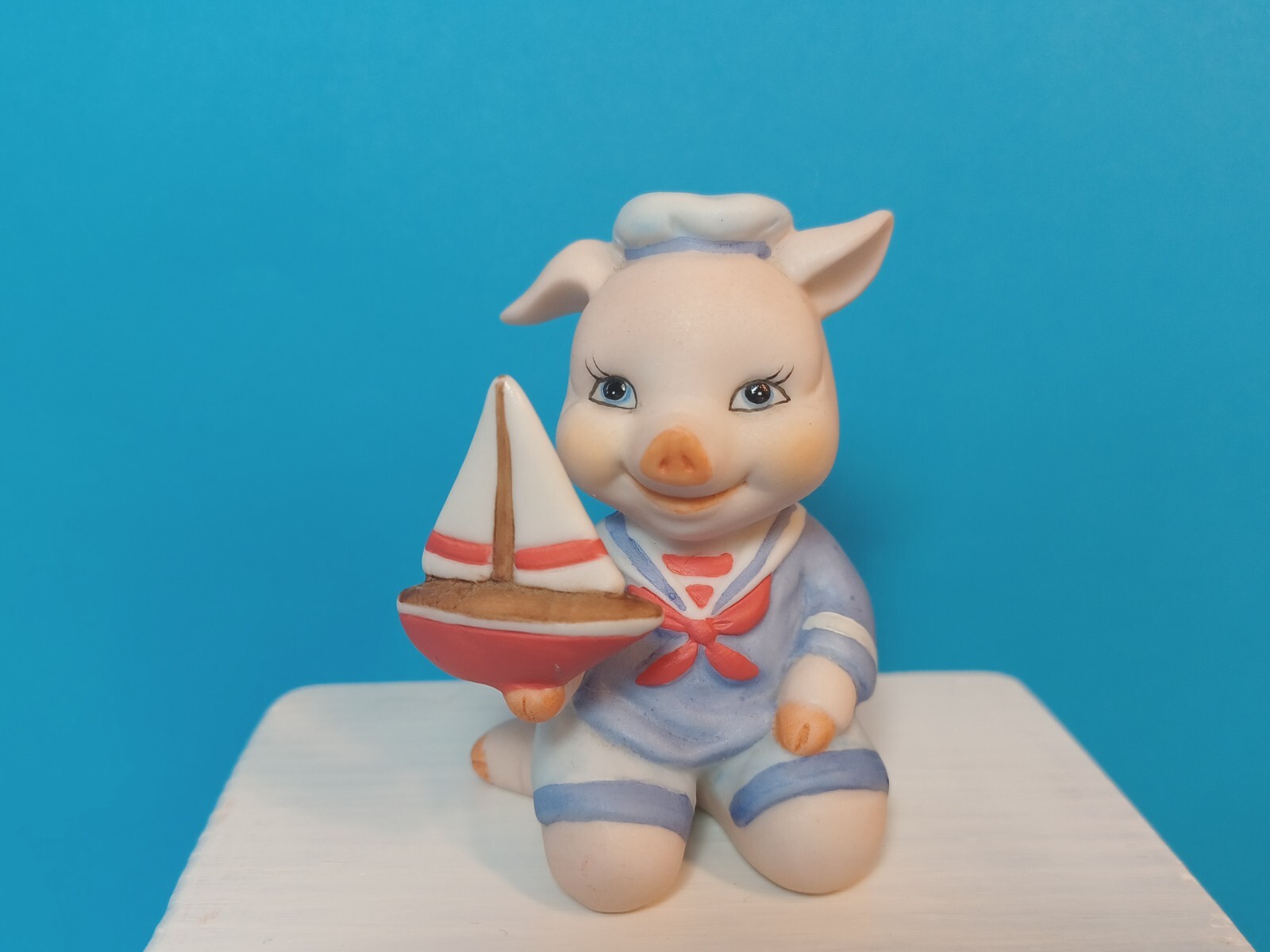 Vtg Pig sailboat toy Bronson Ceramic Figurine Sri Lanka summer fun