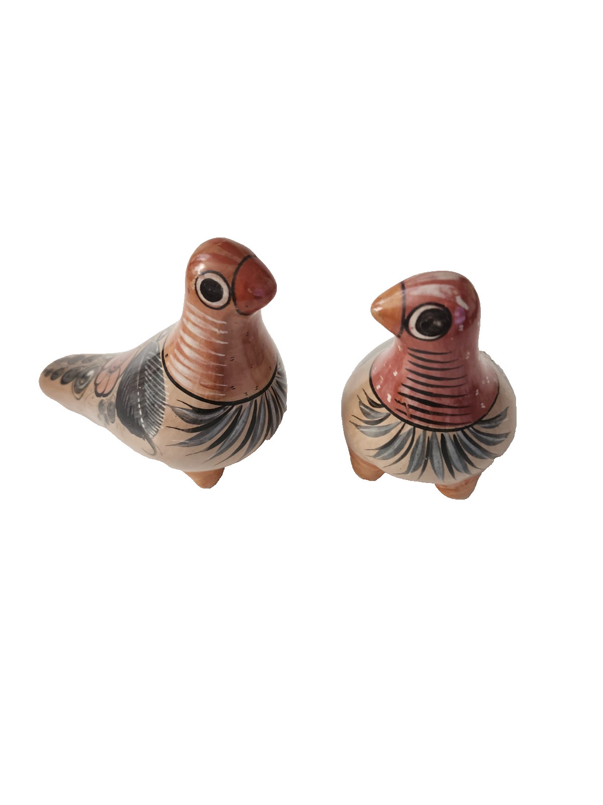 Tonala Footed Dove 2 Figurines Mexican Clay Pottery Hand Painted Folk Art Birds