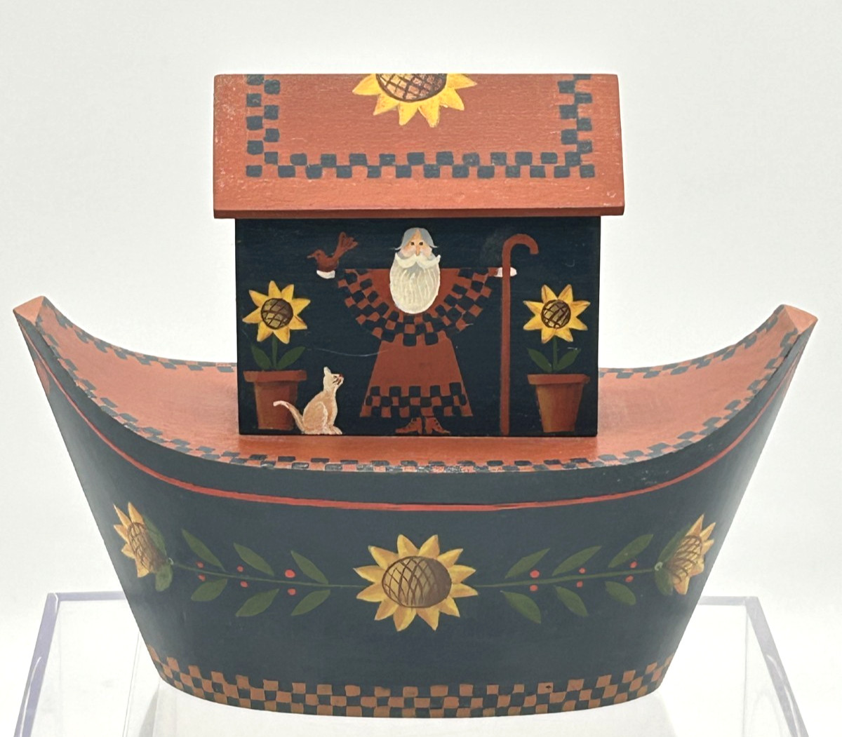 Wooden Folk Art Noah’s Ark Hand Painted Sunflowers Cat Checkered Primitive
