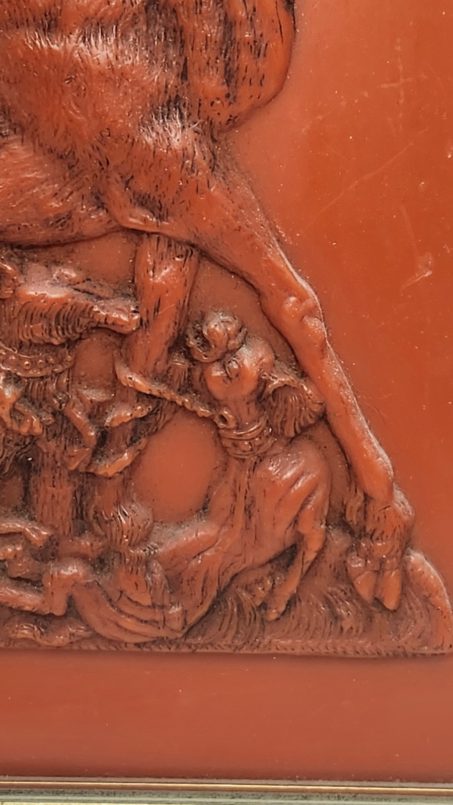 Vintage German Red Wax Relief Carving Royal Stag Hunting Wall Hanging 1960’s
