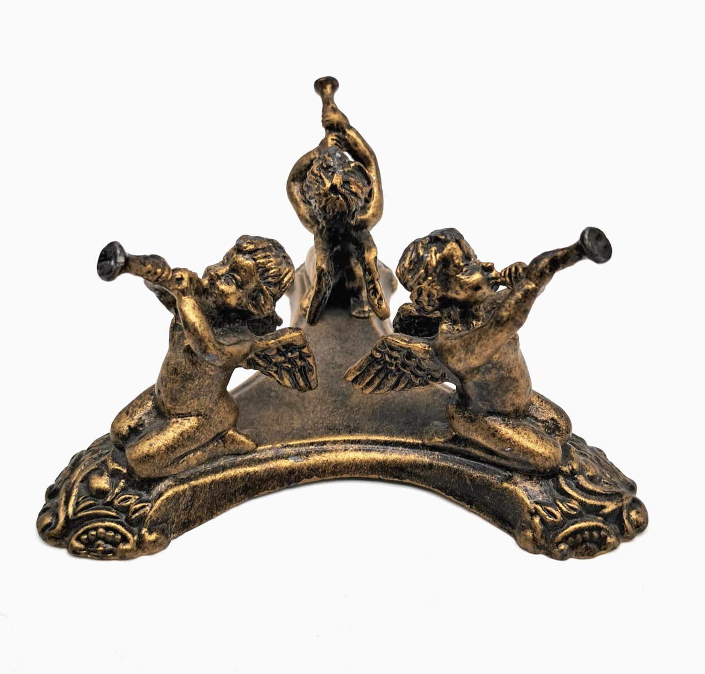Vintage Display Stand Cherub Puti Angels Playing Trumpet Horns Cast Metal Tripod