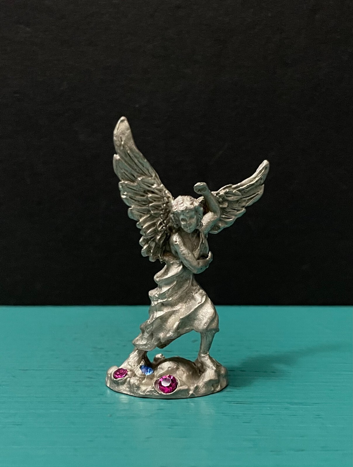 Comstock CCI Pewter Guardian Angel Wing Aqua Rose Jewel Diorama Mini Figurine