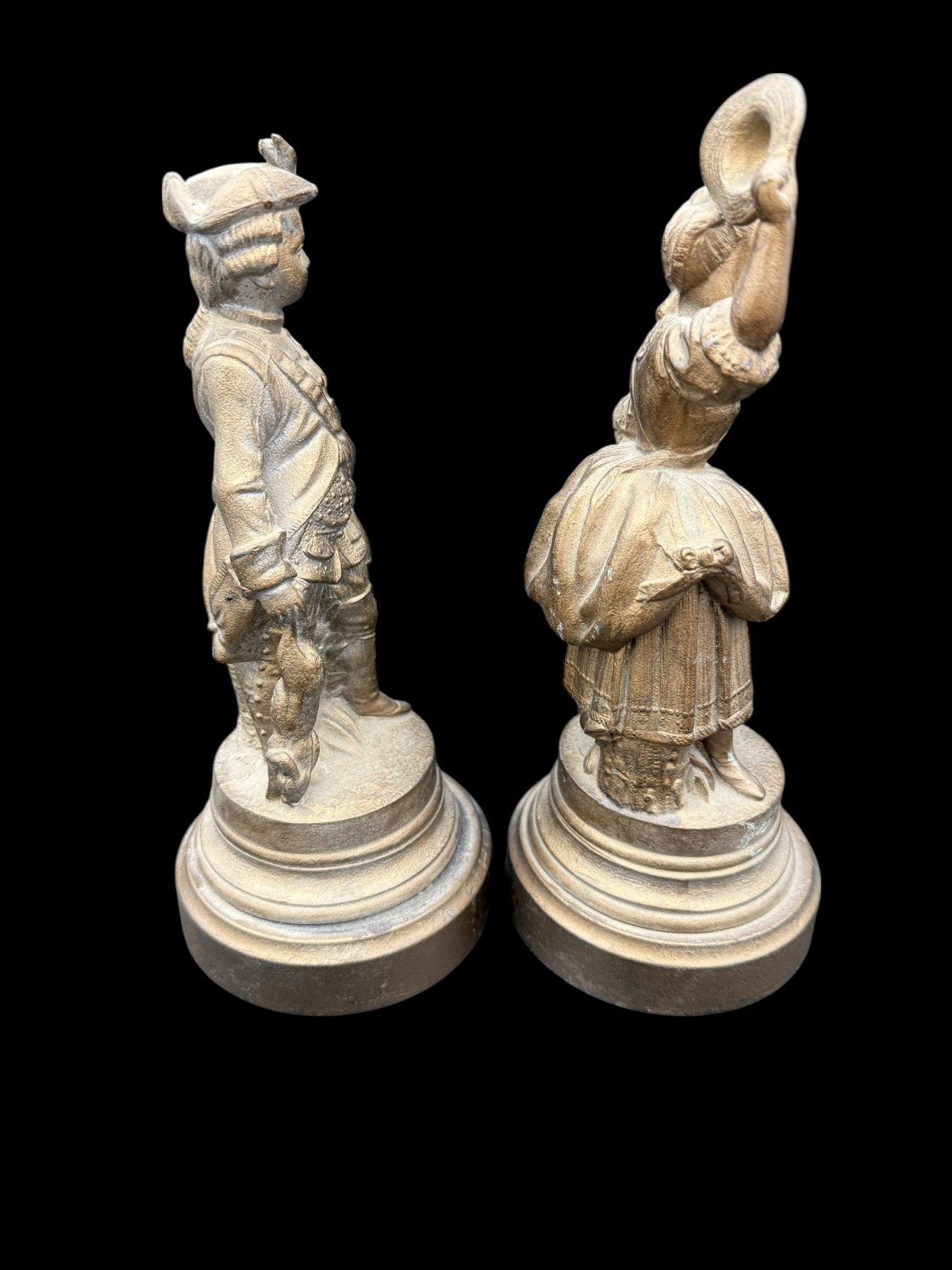 Vintage Spelter Peasant Statue Pair Boy & Girl with Rabbit/Fowl Rustic Figurines