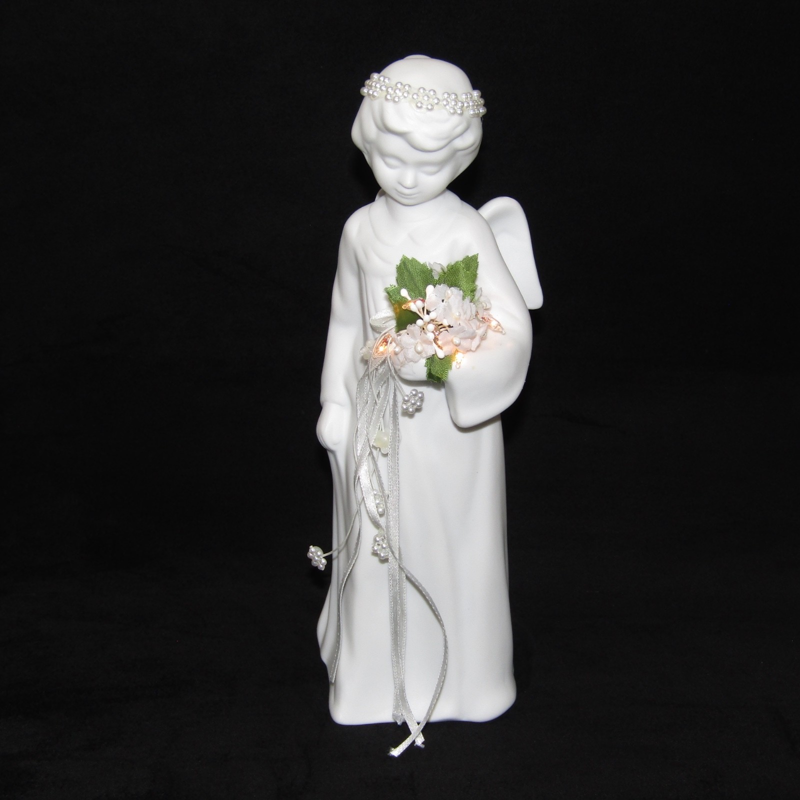 Porcelain Bisque Angel Figurine with Pearl Bouquet 10.25″ Tall Lighted Tested