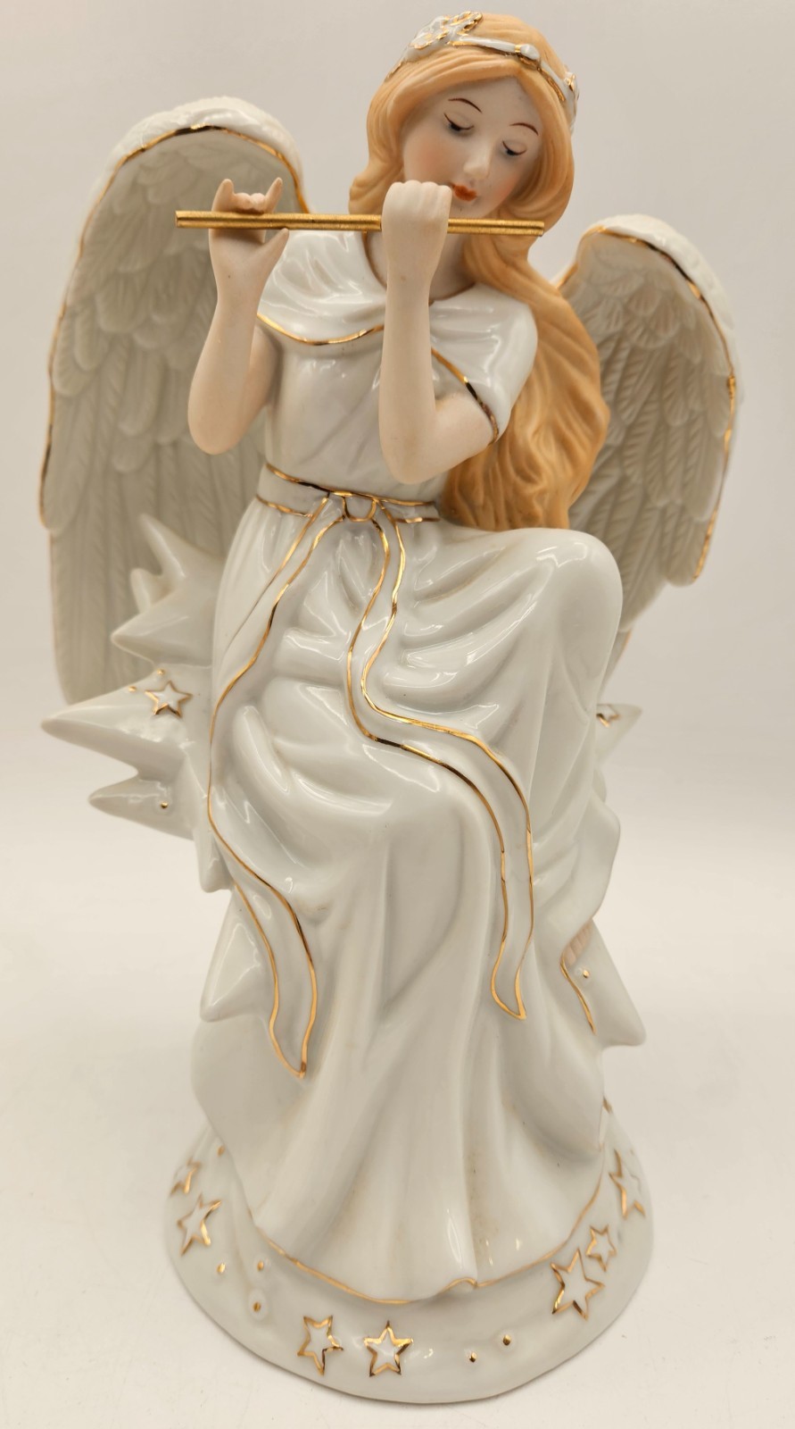 Angel Playing Flute Porcelain Wind Up Music Box Figurine Stars Gold Trim 9″