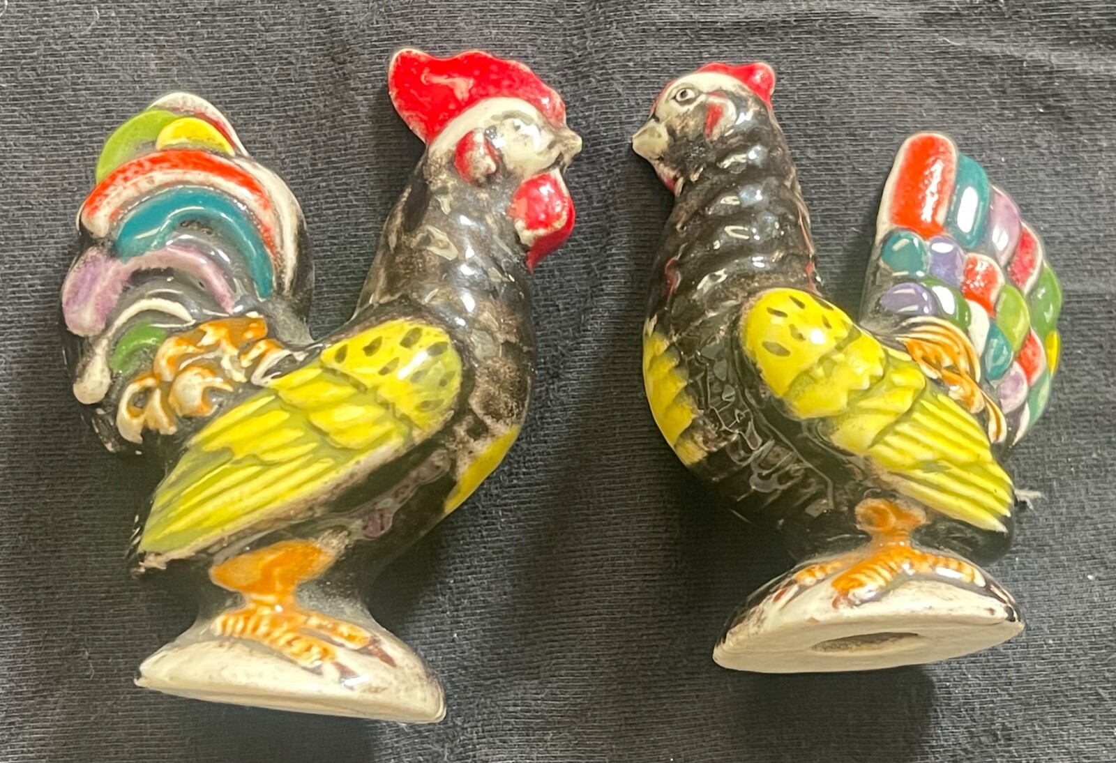 3” Ceramic Chicken Rooster & Hen RARE MULTICOLOR Miniature Pair Figurine