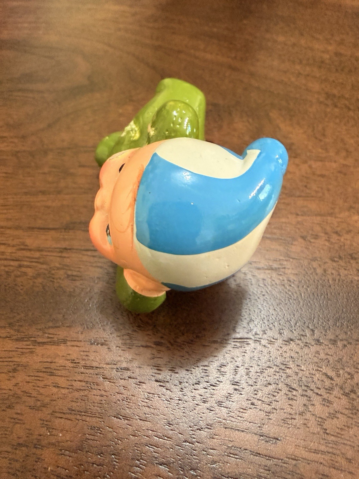 Hand Painted Ceramic Baby Figurine Green Outfit Blue Hat Pink Shoes 3 in