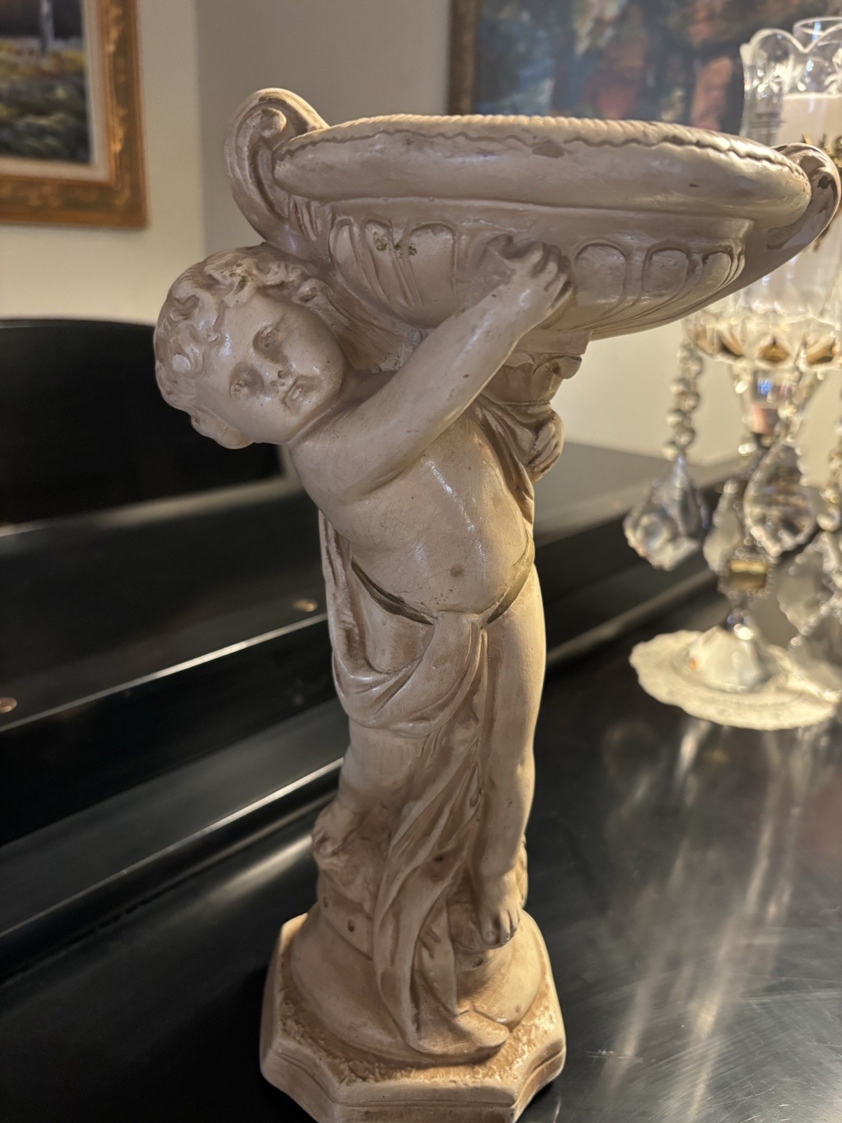 VTG Alex Backer 1940’s Pedestal Chalkware Cherub Putti 11.5” Statue Bowl MCM