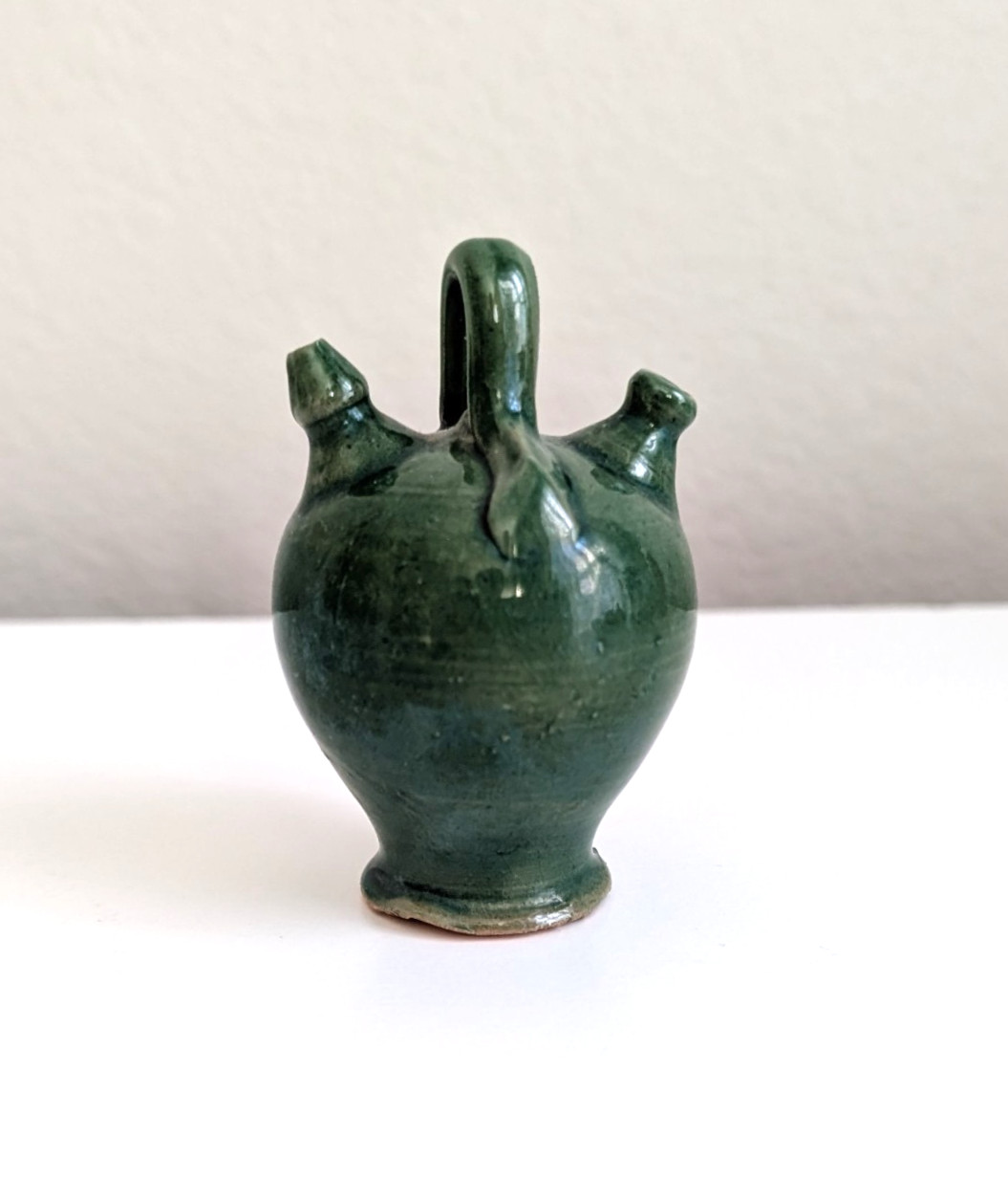 Vintage mini pottery jug vessel green glazed ceramic 3” Botijo Gargoulette
