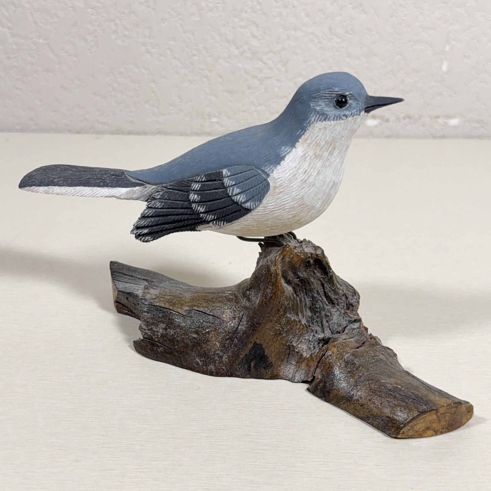 Hand Carved & Painted Blue-Gray Songbird Figurine on Natural Wood Base 7.5″