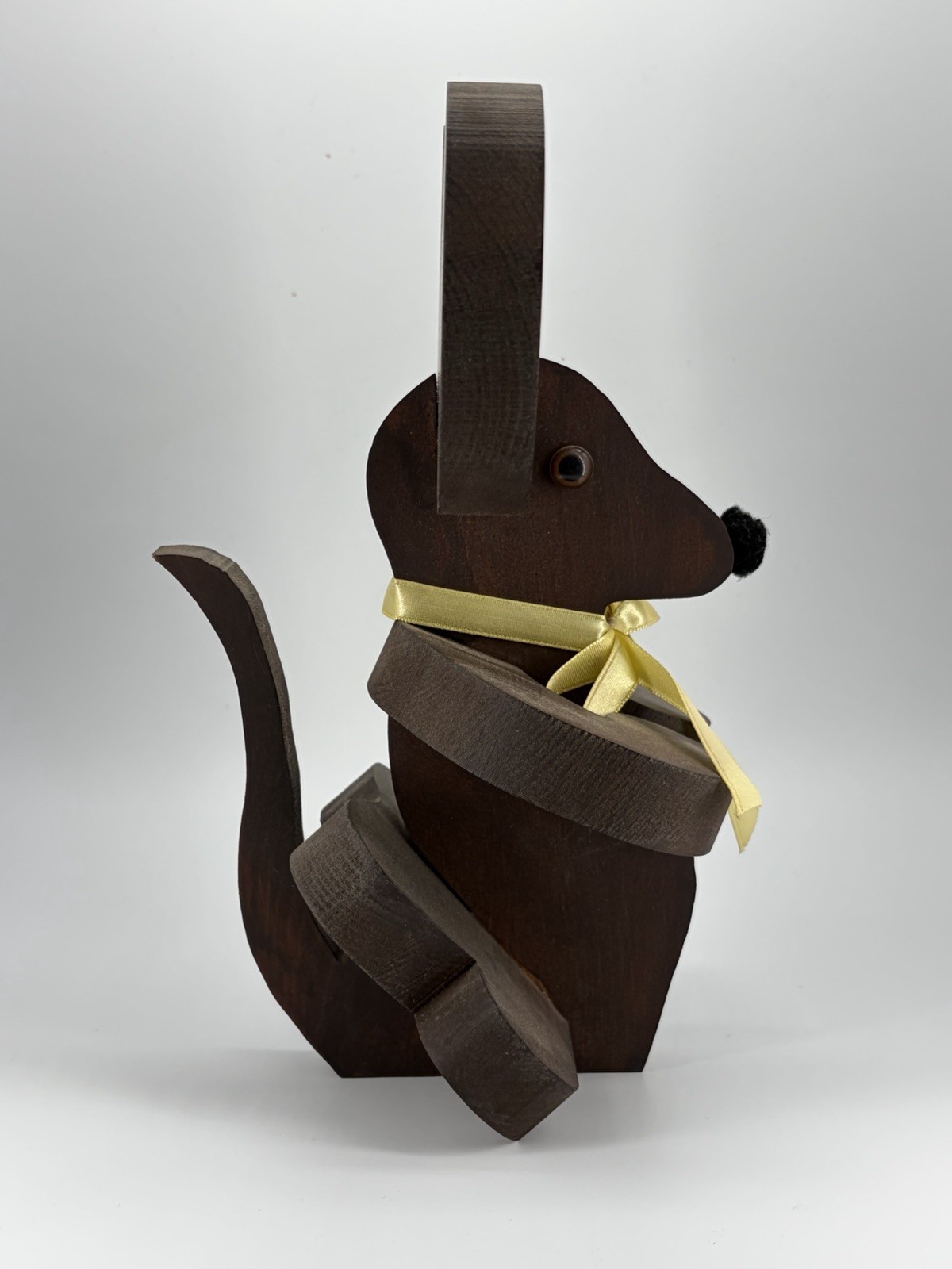 Wood Mouse Figurine 3D Effect Woodgrain Brown Yellow Ribbon Animal Sculpture