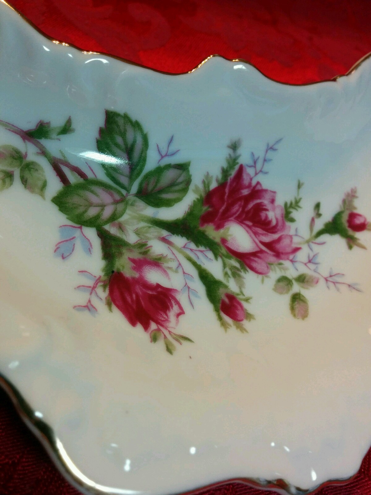 Early Charles Sadek Co. Inc Porcelain Crescent Dish Pink Rose Floral Gold Gilt