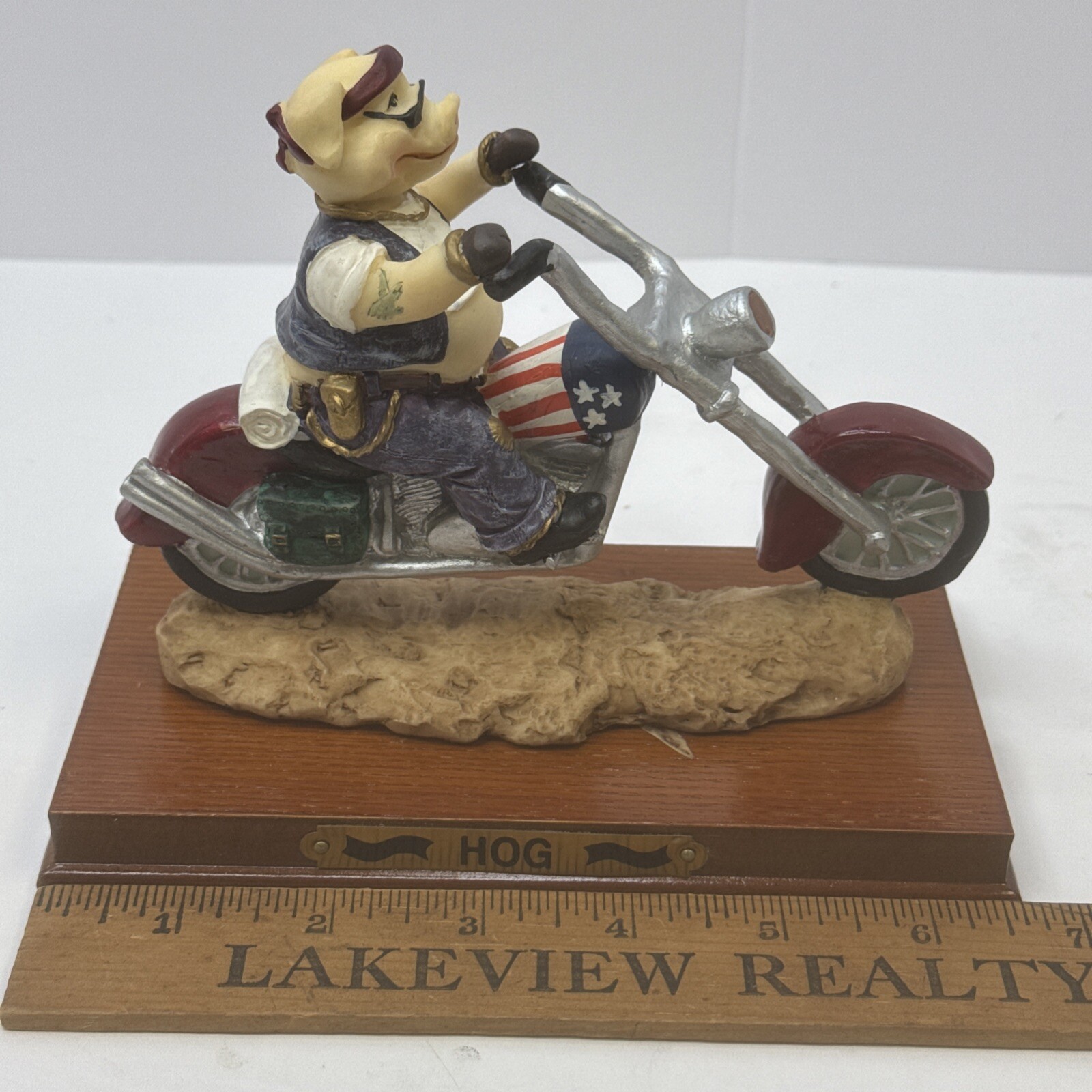 All American Hog On A Motorcycle Harley Davidson Figurine Statue Wood Base Box