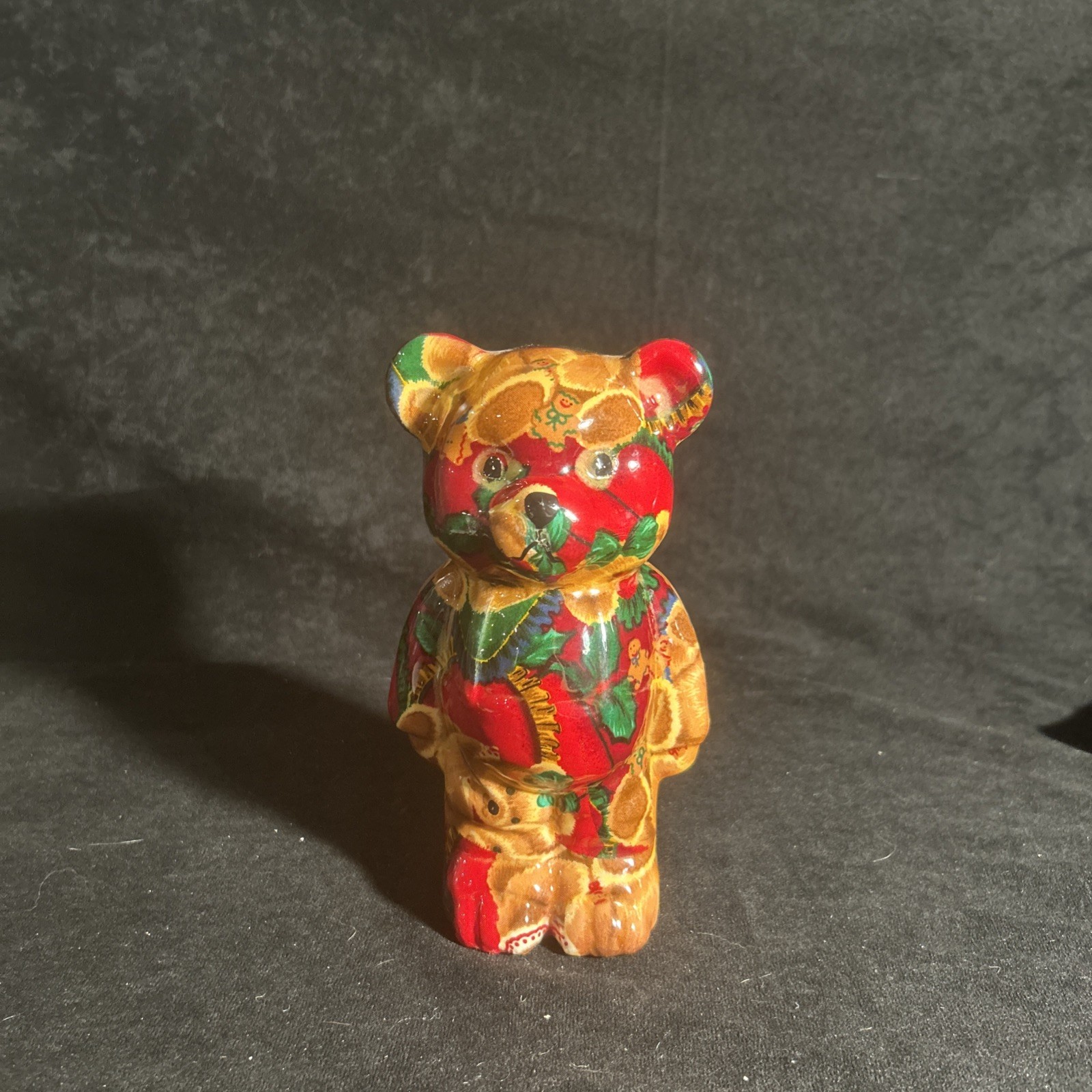 Joan Baker Vintage Teddy Bear Porcelain Fabric Figurine 7.5 inch Christmas