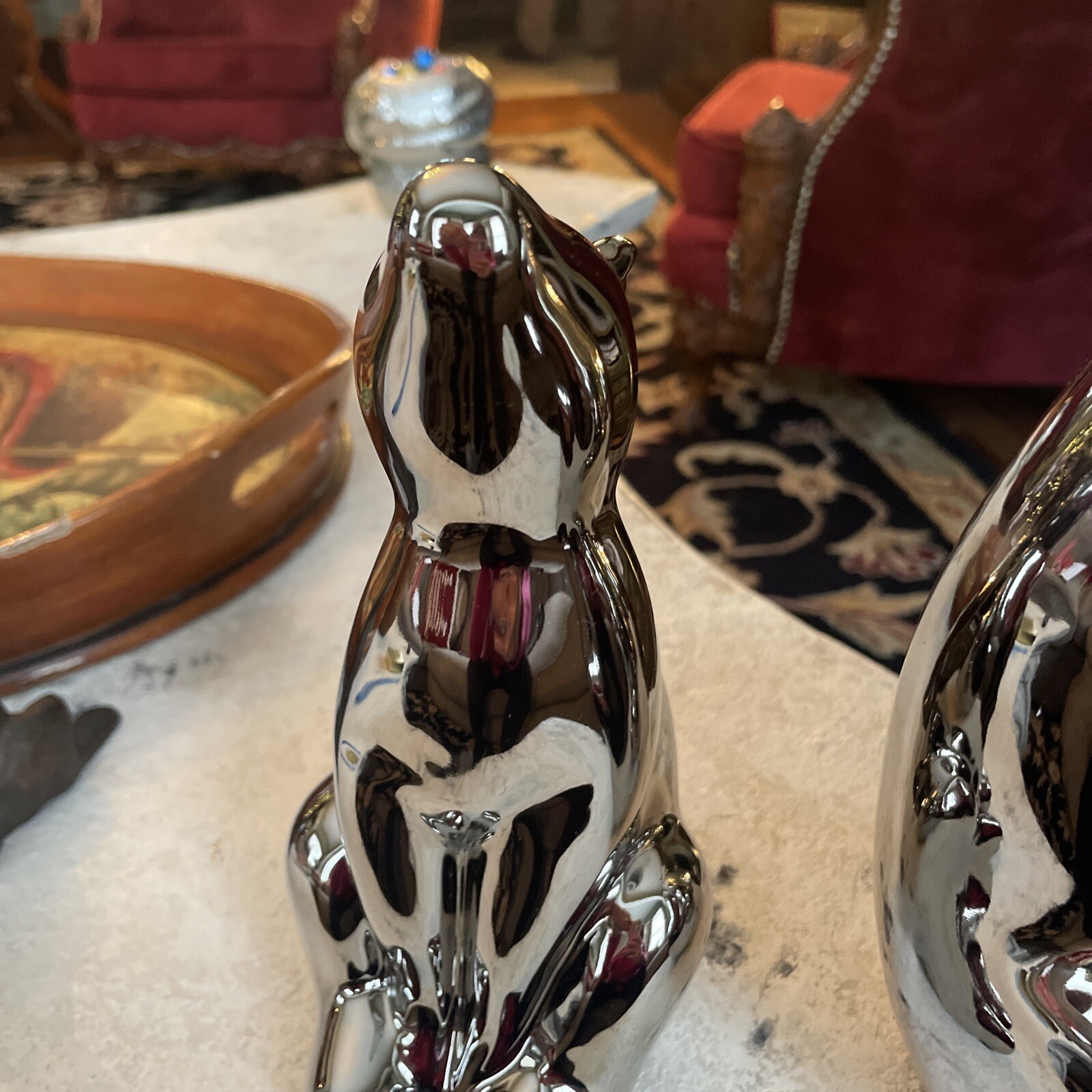 2 Vintage Jaru? Chrome Ceramic Bear Statues 10.5” 8” Mid Century Modern Metallic