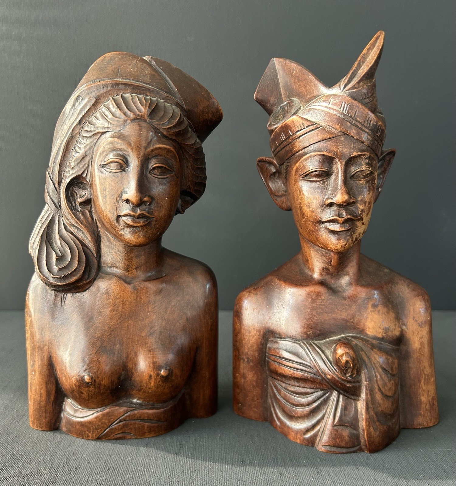 Vintage Hand Carved Wooden Bali Balinese Indonesian Bust Sculpture Statue Pair