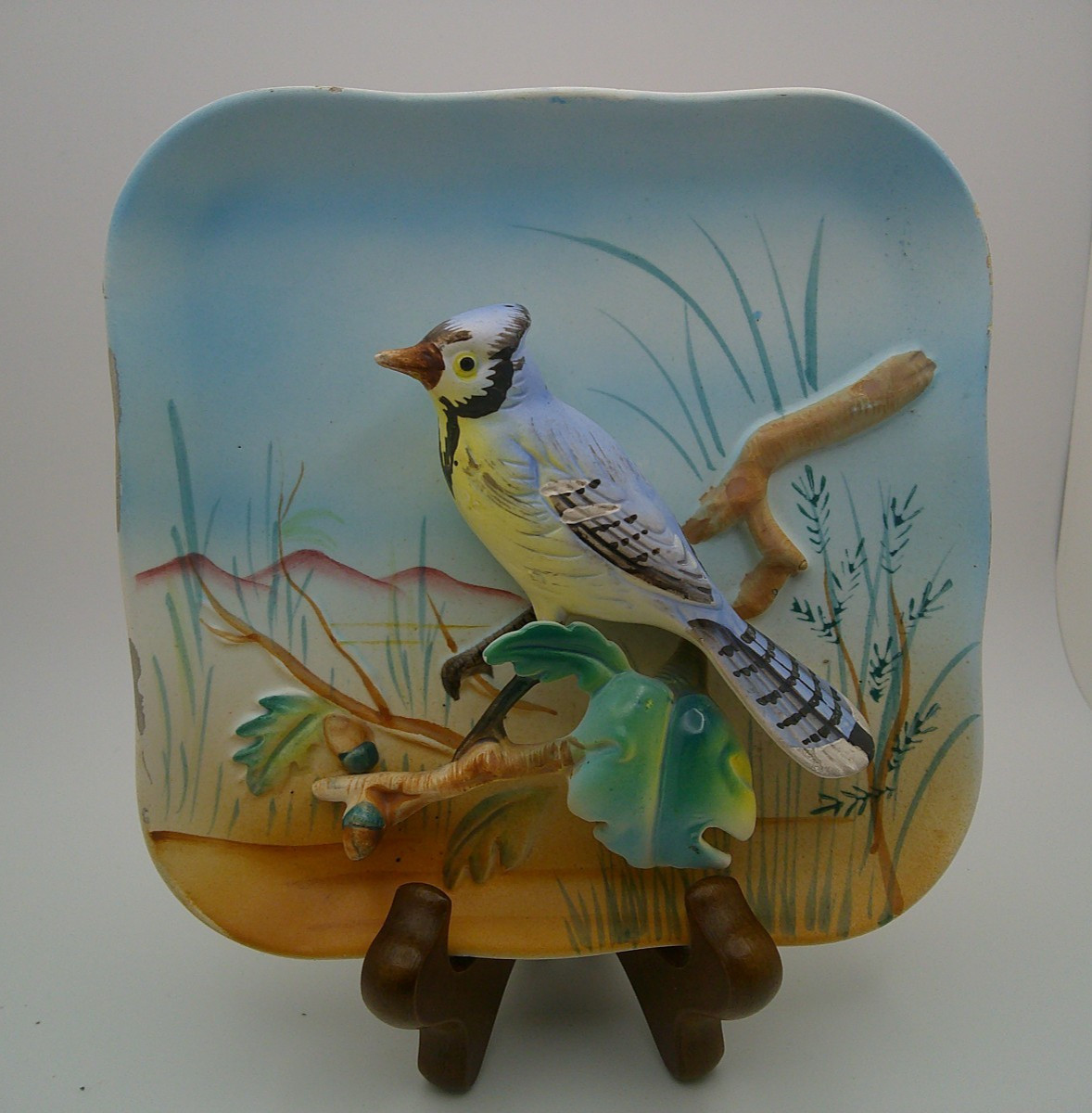 VINTAGE NAPCO B2791 CERAMIC BLUE JAY ON BRANCH WALL HANGING DECOR NO CHIPS