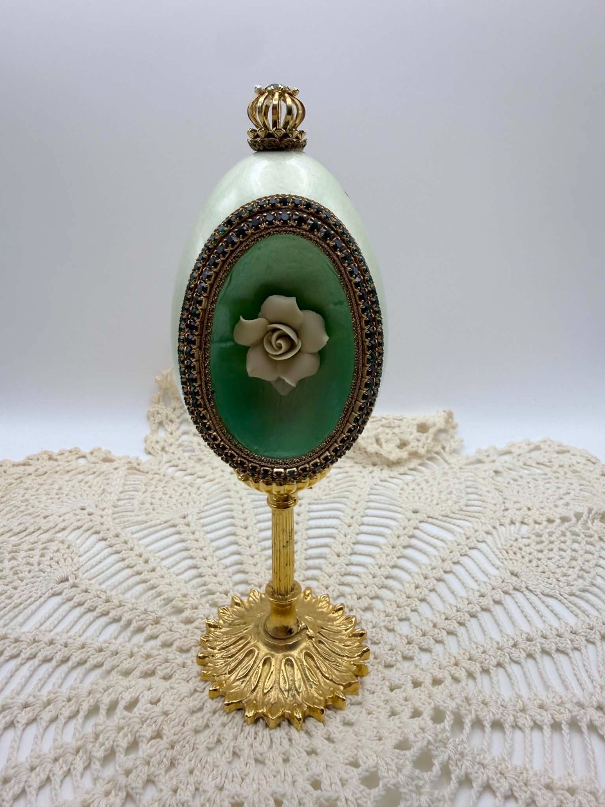 Decorative Egg Ornament Green Rose Gold Tone Stand Jeweled Victorian Decor
