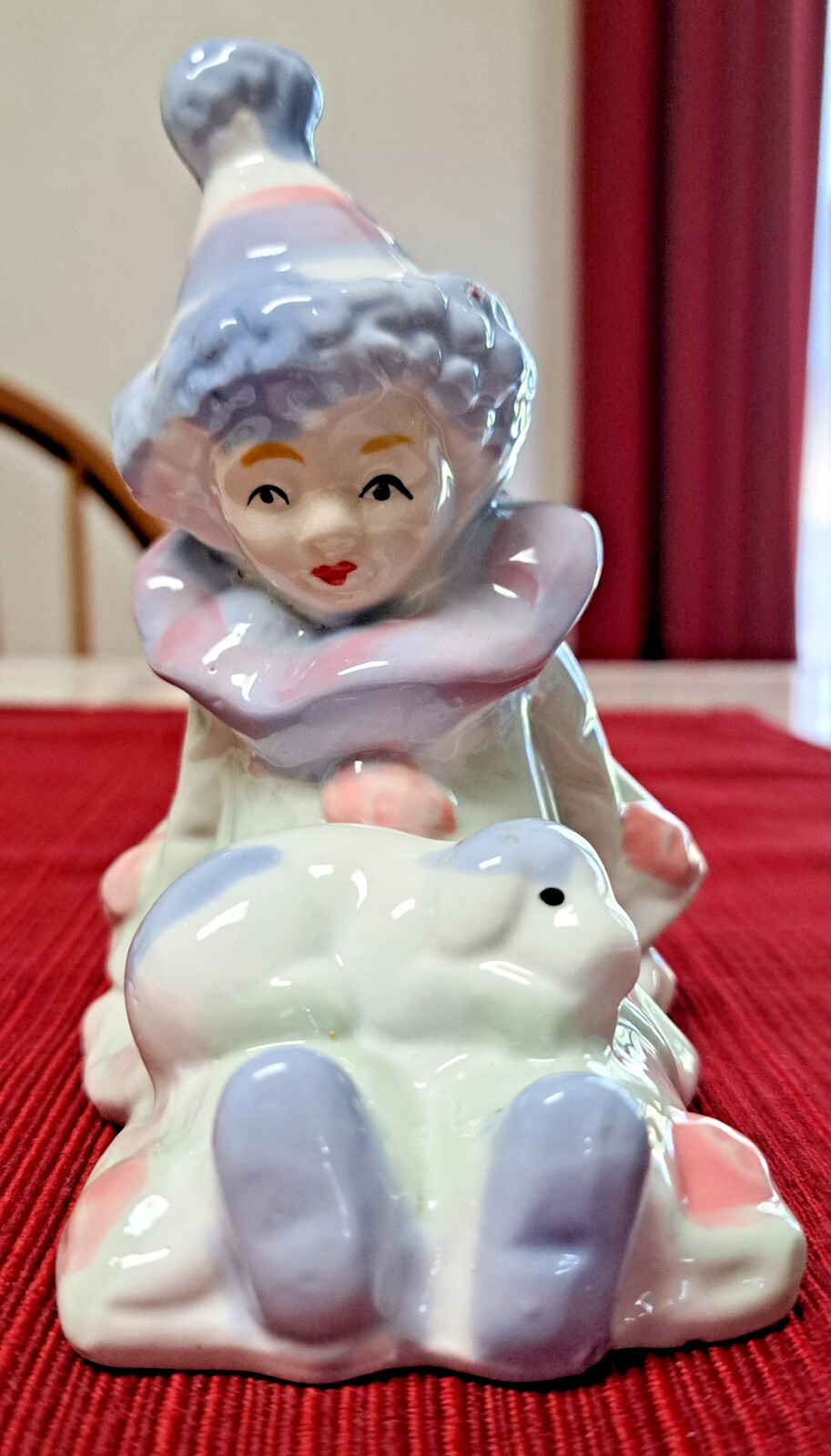 Vtg 1980s Ceramic Clown & Puppy Figurine Hand Painted Glossy Circus Decor