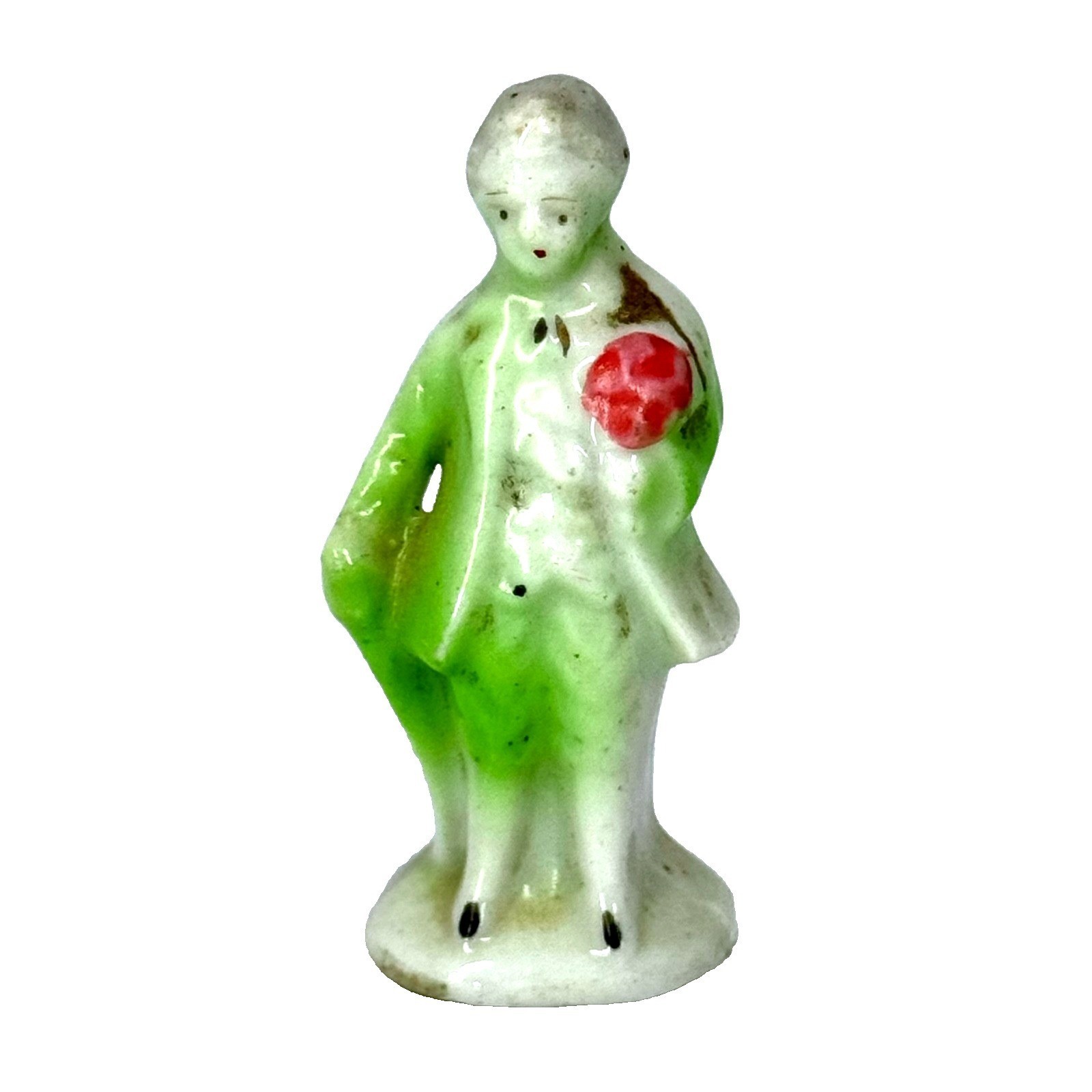 Vintage Japan Miniature Boy Figurine Green Coat Red Rose Porcelain