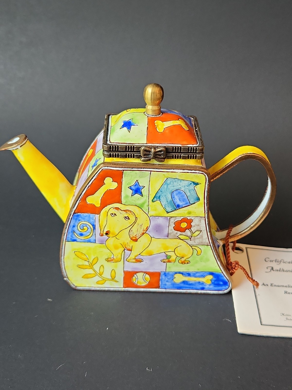 Kelvin Chen Miniature Enamel Copper Decorative Teapot Dachshund Dog “Puppy’s…