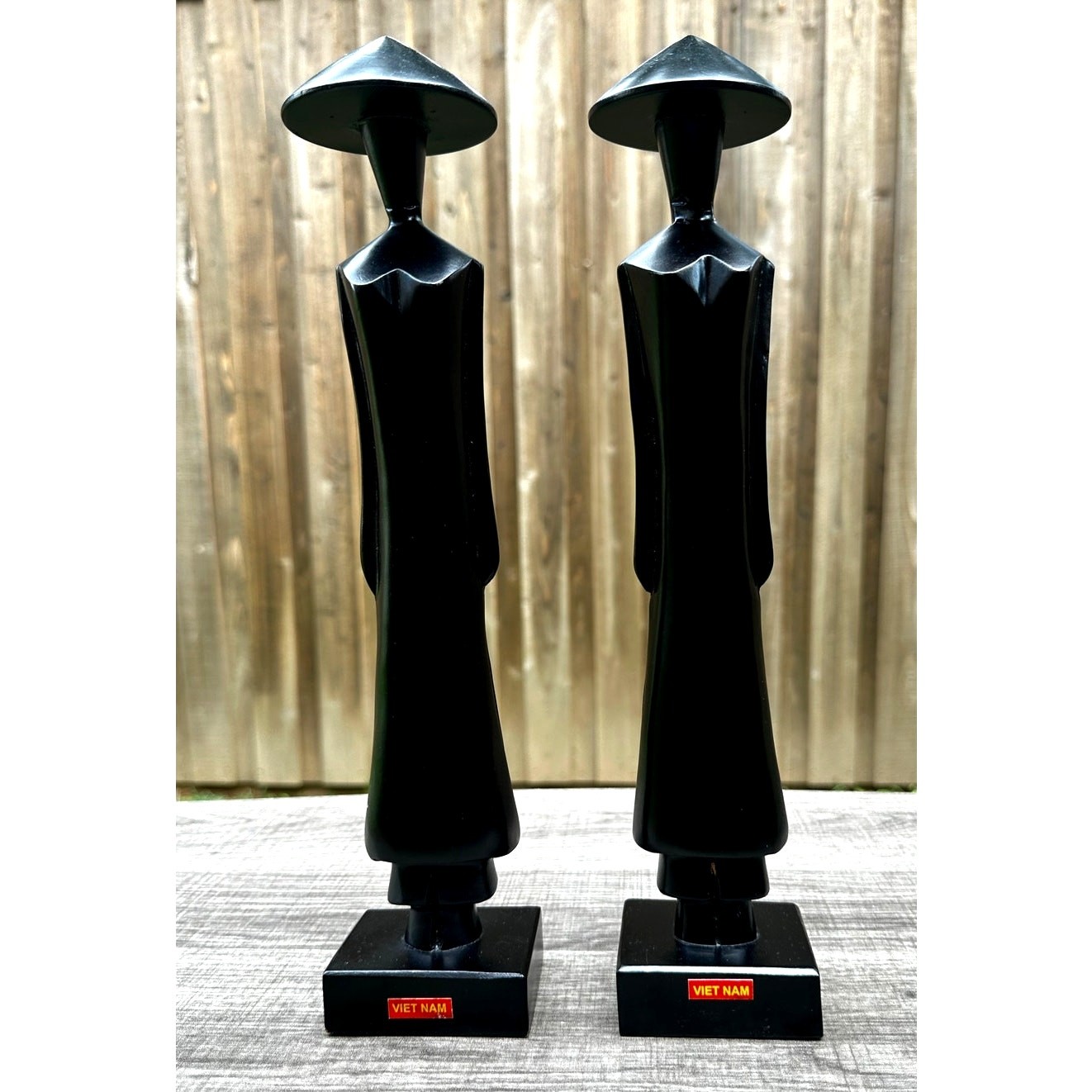 Pair of Vietnamese Wooden 13.5″ Vintage Sculptures Figurines of a Woman Cone Hat