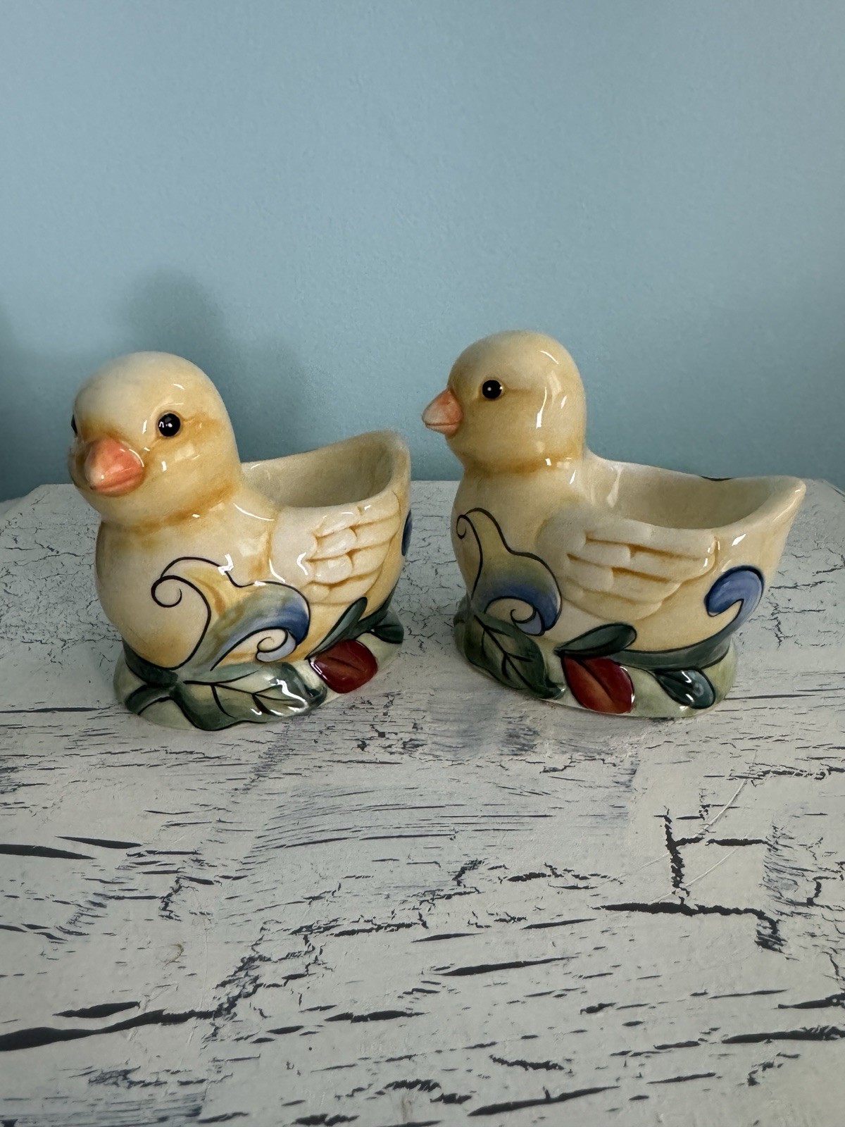 Fitz and Floyd Ricamo Easter Chick Egg Cup Ceramic Vintage Set of 2