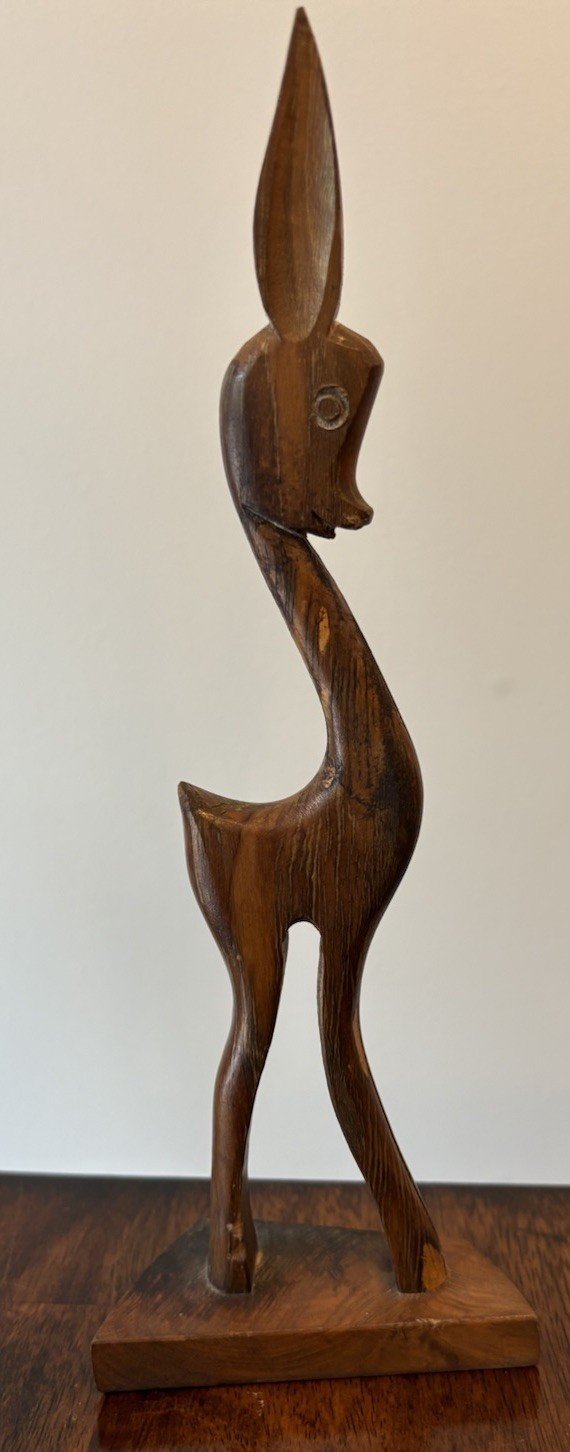 Vintage Hand Carved Wooden Deer Figurine MCM 10 3/4 In