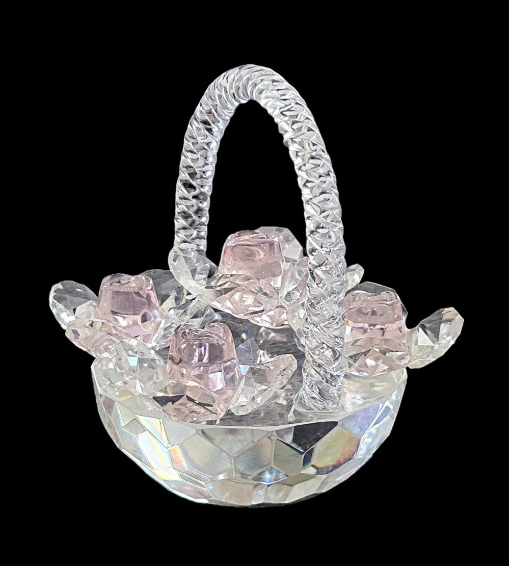 Crystal Clear Faceted Basket Spun Glass Braided Handle And 5 Pink Roses Figurine