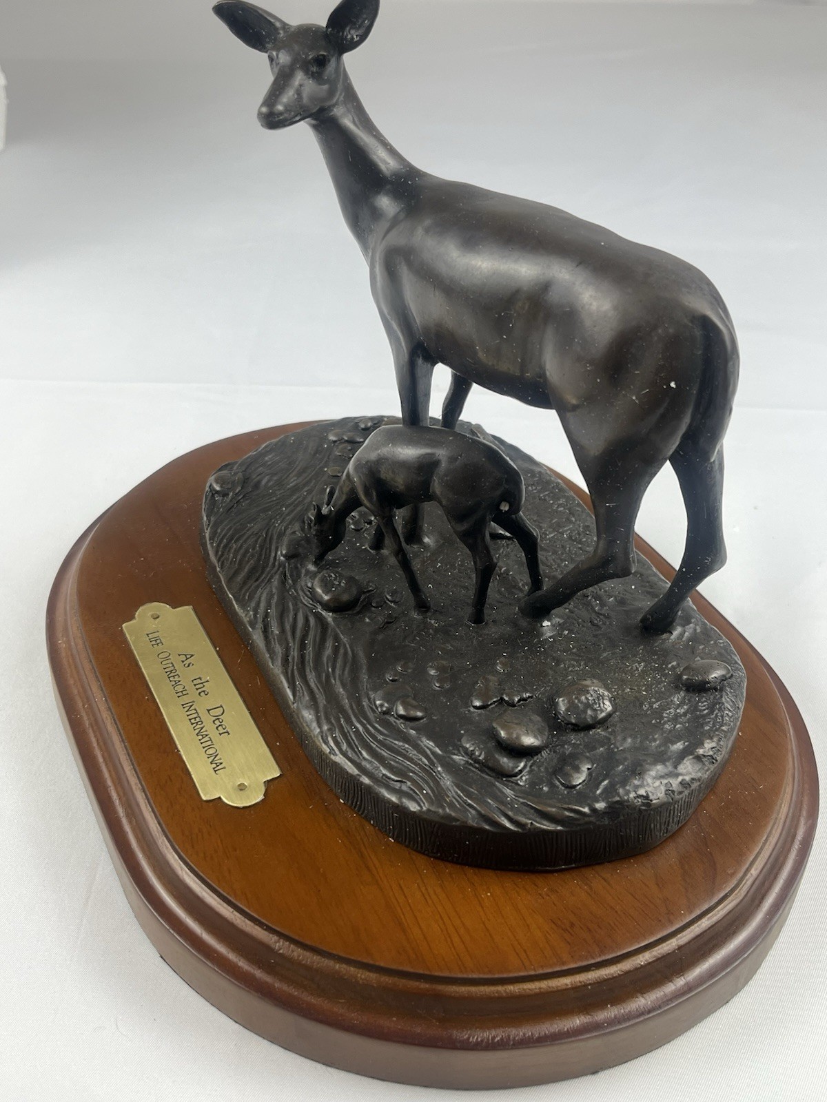 Deer & Fawn Sculpture on Wooden Base “As the Deer” Decorative Figure Plaque