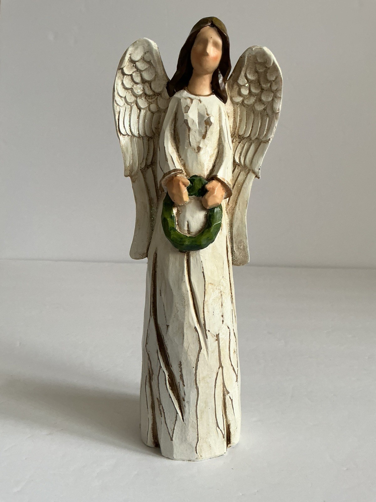 Silent Night Angel in White holding Green Wreath – Beautiful 8″ Tall Wood Resin