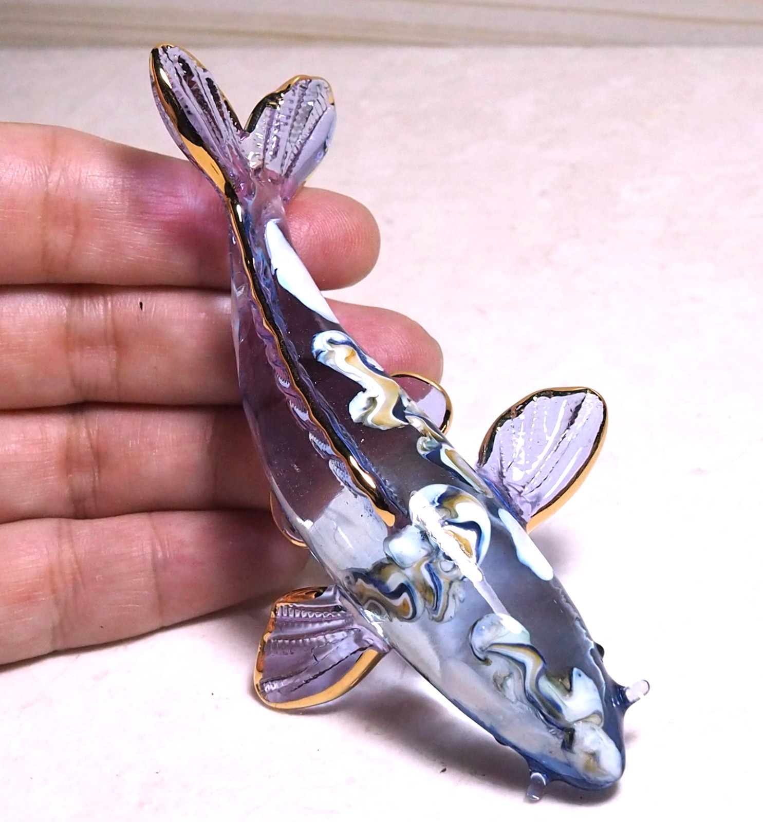 Japanese CARP Koi Fish figure hand blown art glass blu gold trim 4 in Gift decor