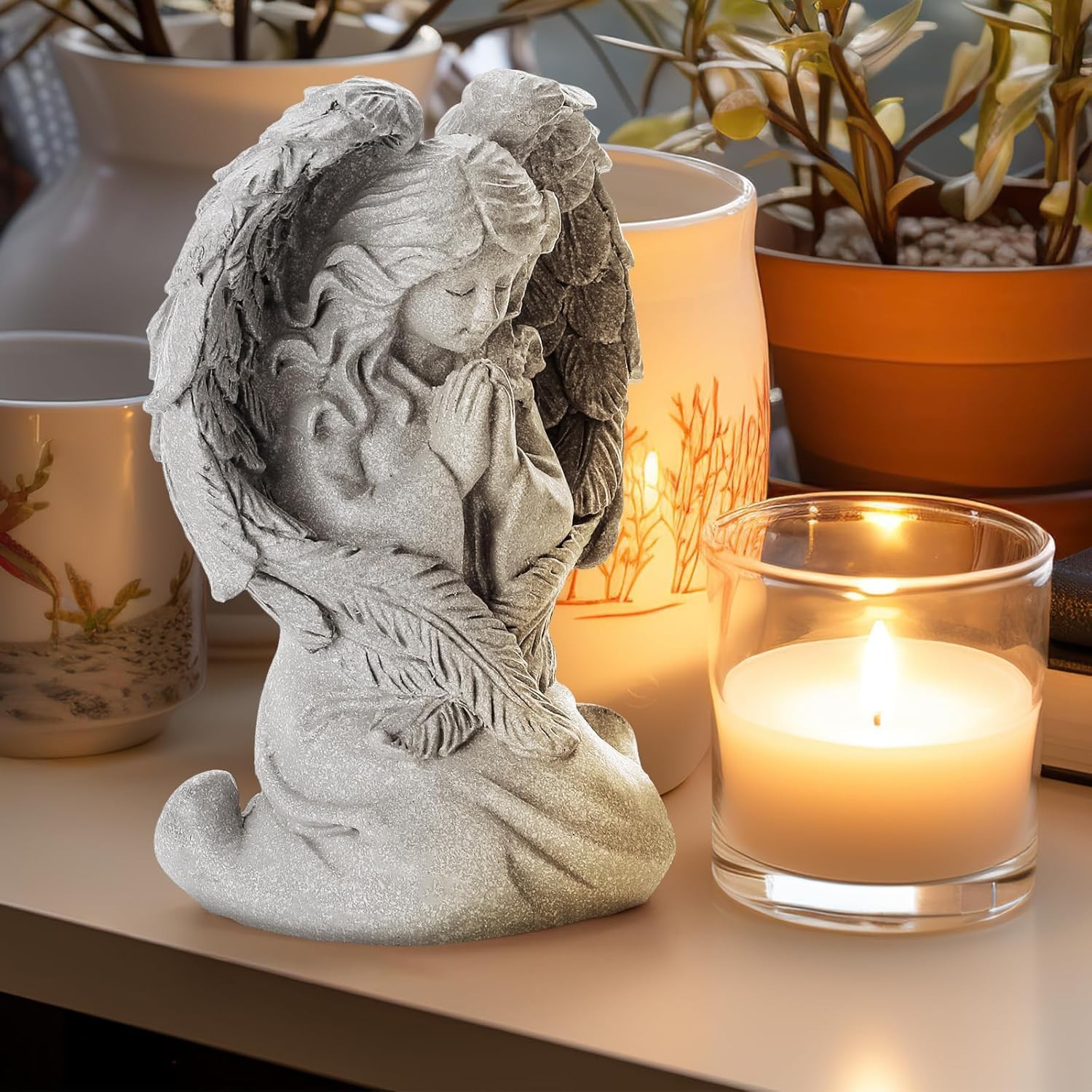 Elegant Praying Angel Figurine – Hand-Painted Gray Statue for Home & Garden