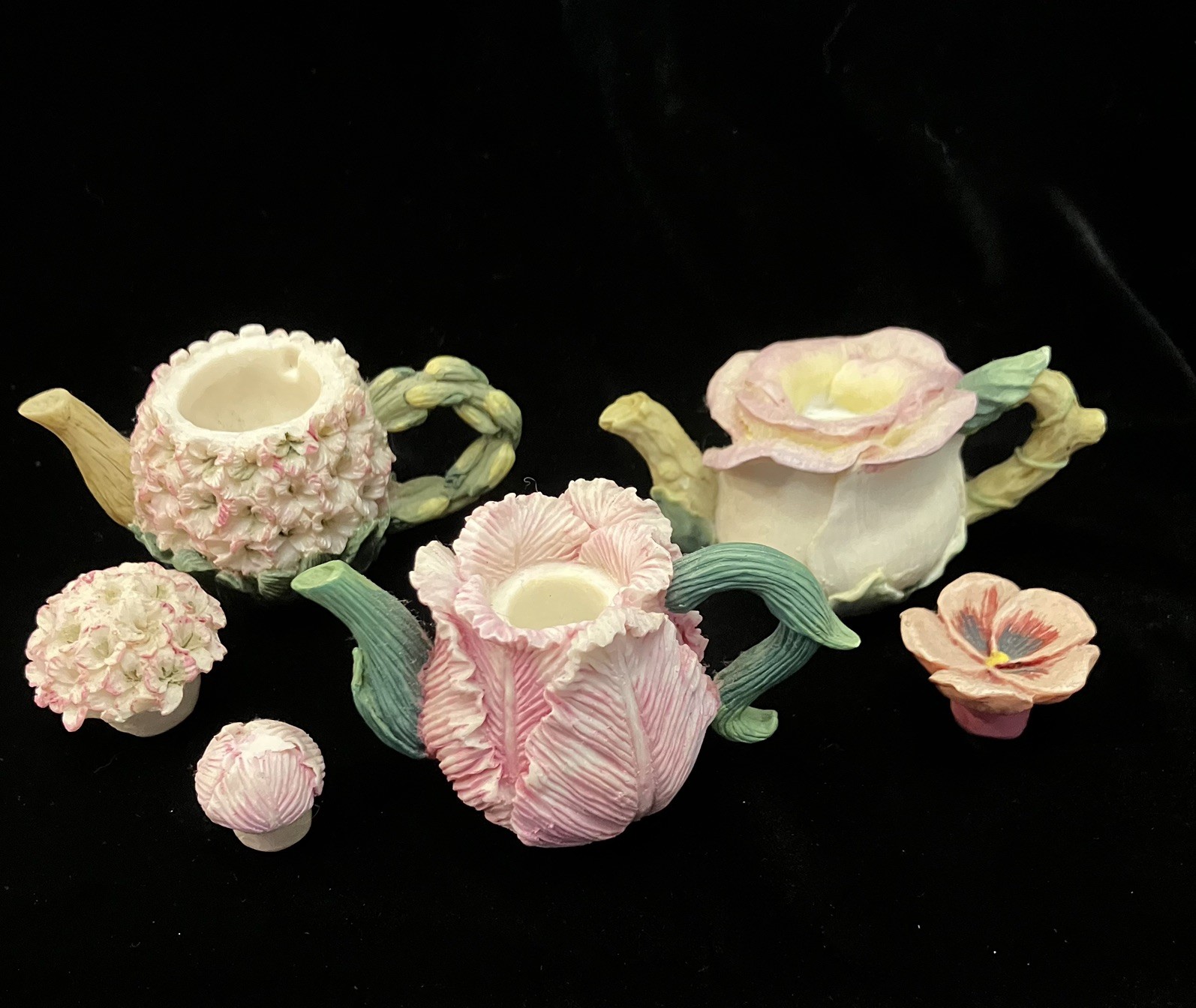 Set of 3 Miniature Flower Doll House Fairy Teapots Hydrangea Camellia Rose Tulip