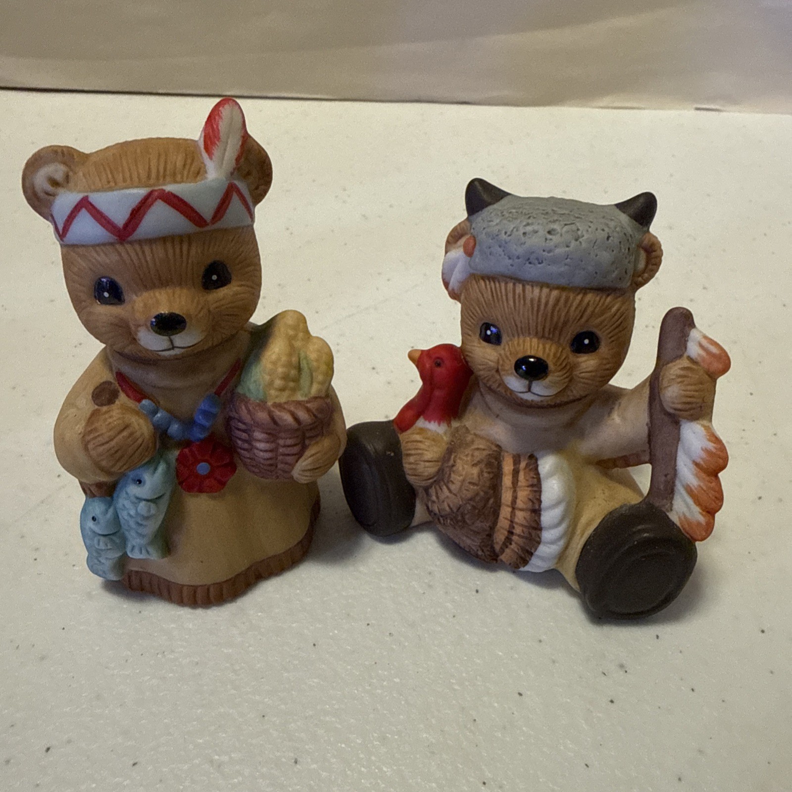 HOMCO Bears Pilgrim & Indian Thanksgiving Autumn #1413 Set 4 Ceramic Figurines