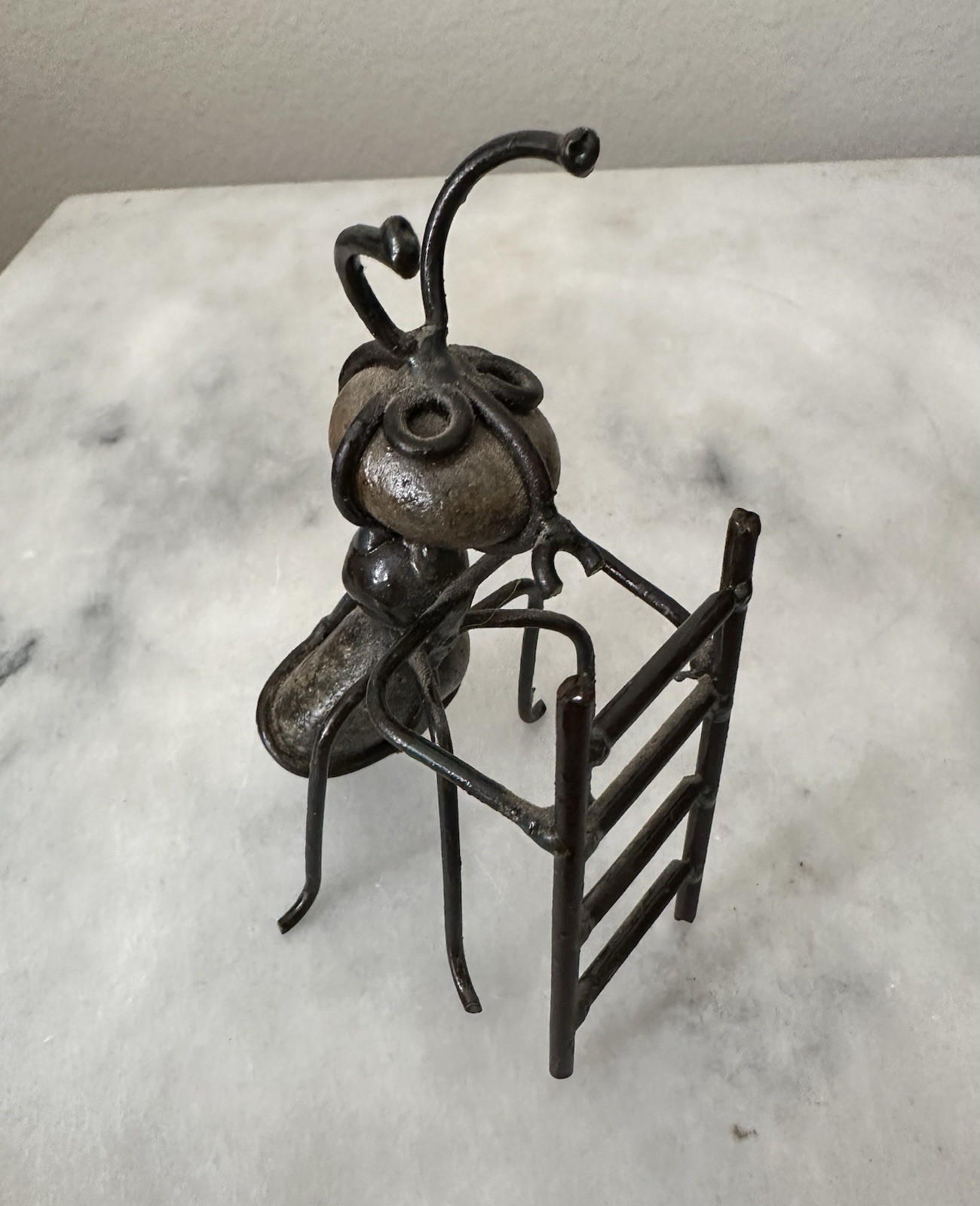 Metal Fishing Ant Stone Art Sculpture Unique Vintage Brutalist Art Oddity