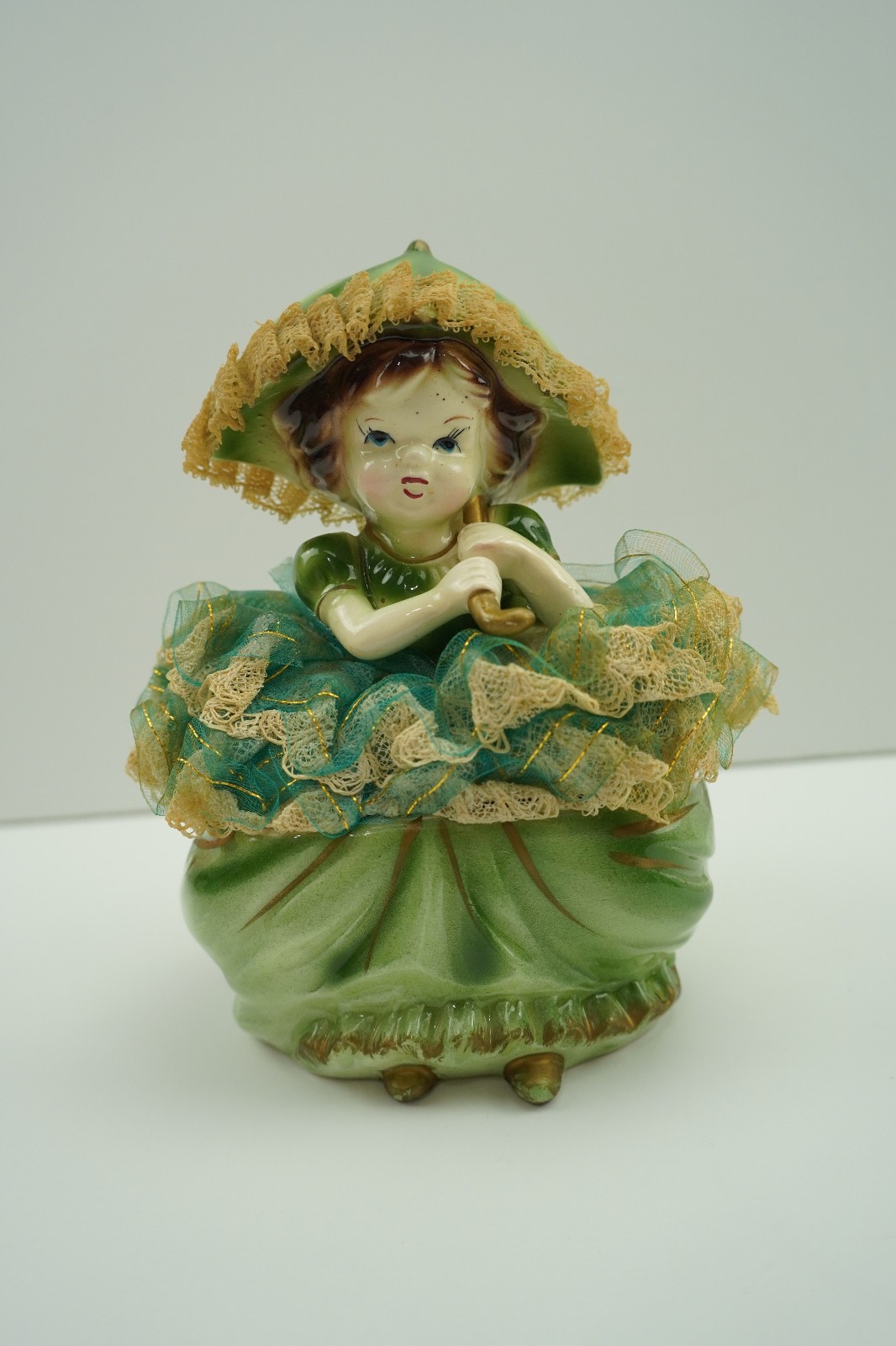 Vintage 1960s Lady Figurine Trinket Box Porcelain Green RARE Kitsch Kitschy