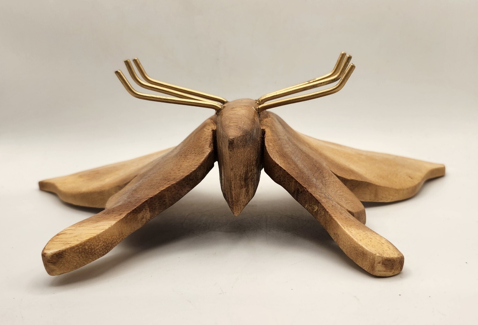 Carved Wood Butterfly Metal Gold Tone Legs Boho Decor