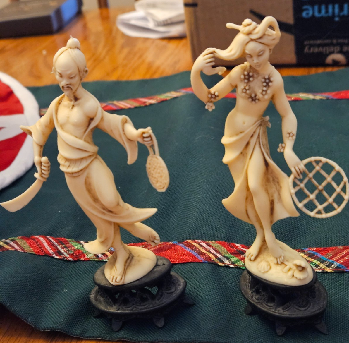 Vintage Norleans Asian Carved Sculpture Figures Resin, Made in Italy Lot of 2