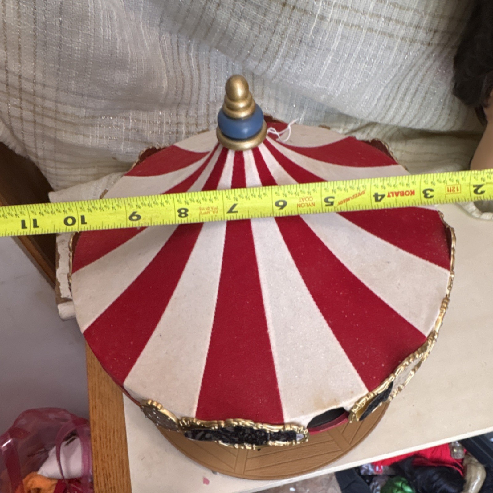 Red White Gold Striped Mirrored Carousel Figurine Plastic Circus Theme 11in